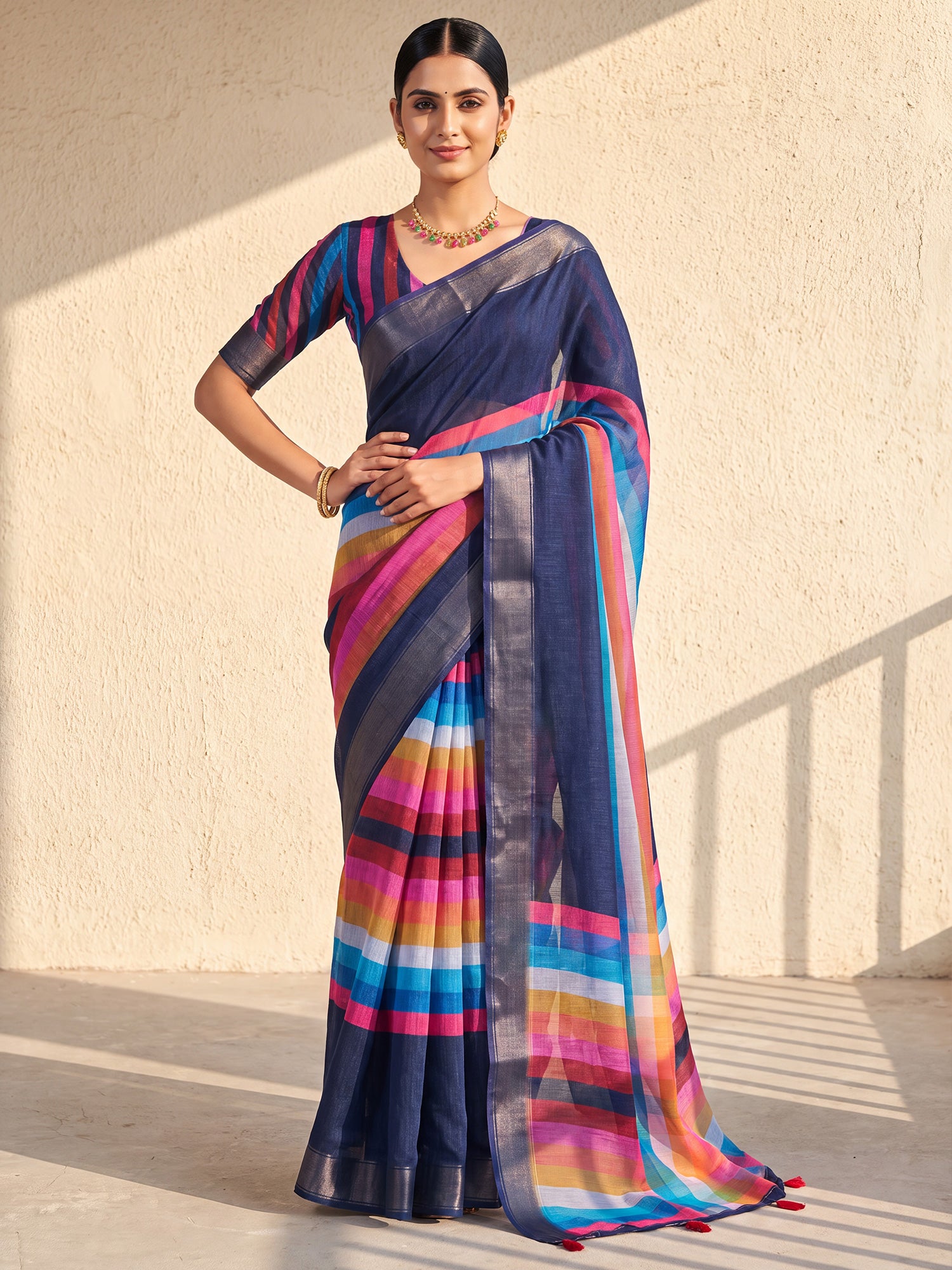 Navy Blue Linen saree – detail view 3