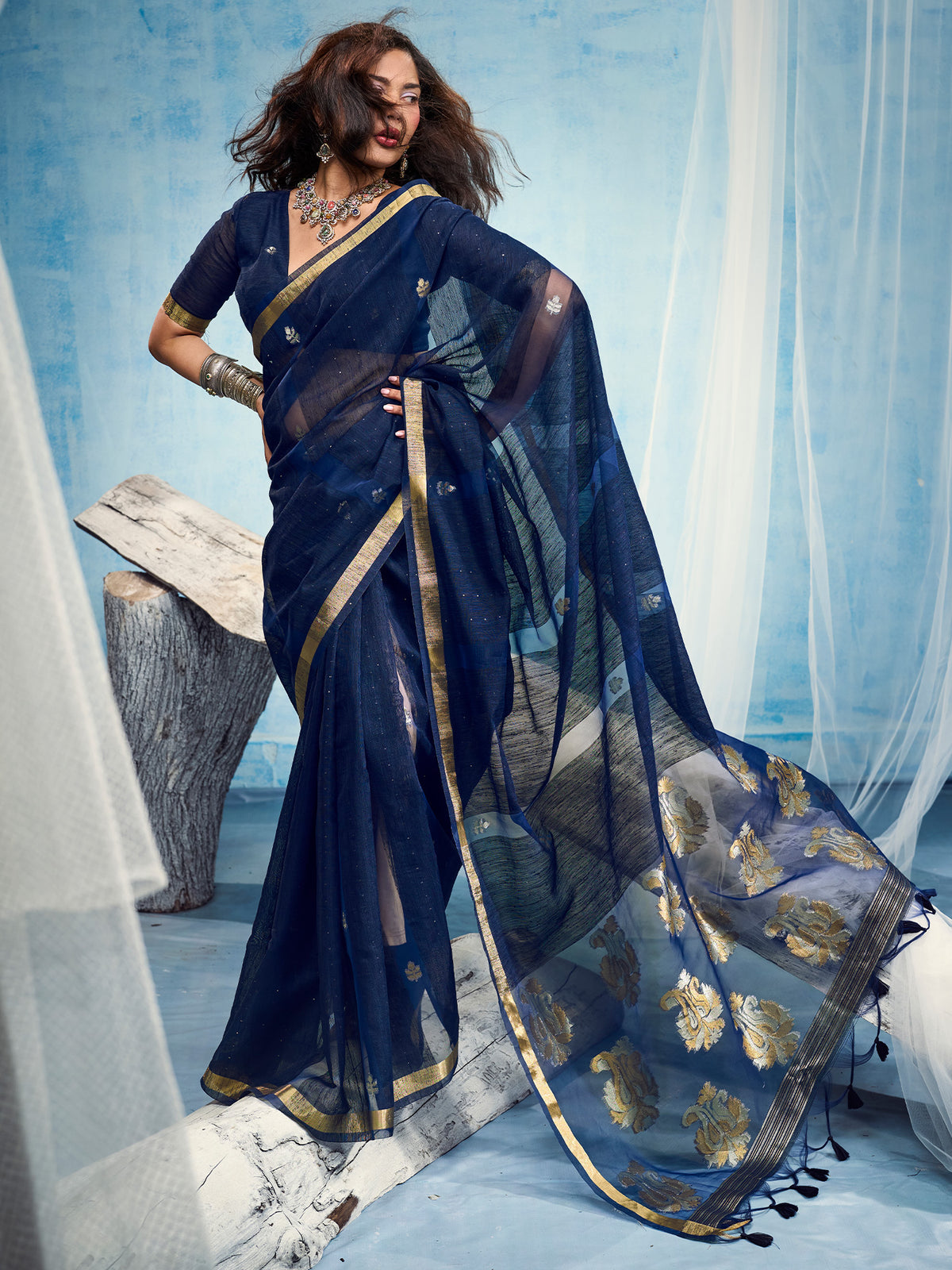 Navy Blue Muga Silk saree – detail view 2