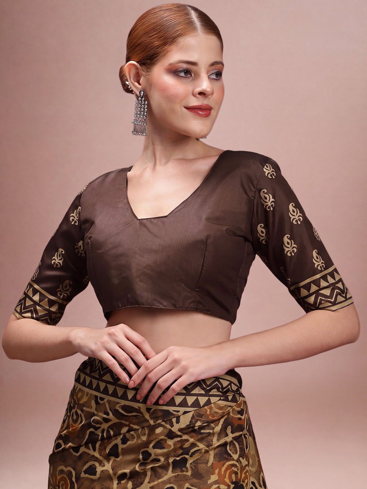 Unstitched brown silk blend blouse piece with ethnic motif design
