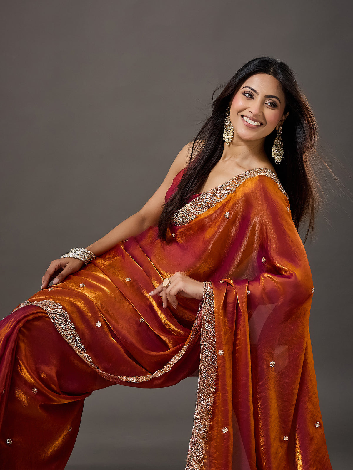 Orange Satin saree – detail view 2