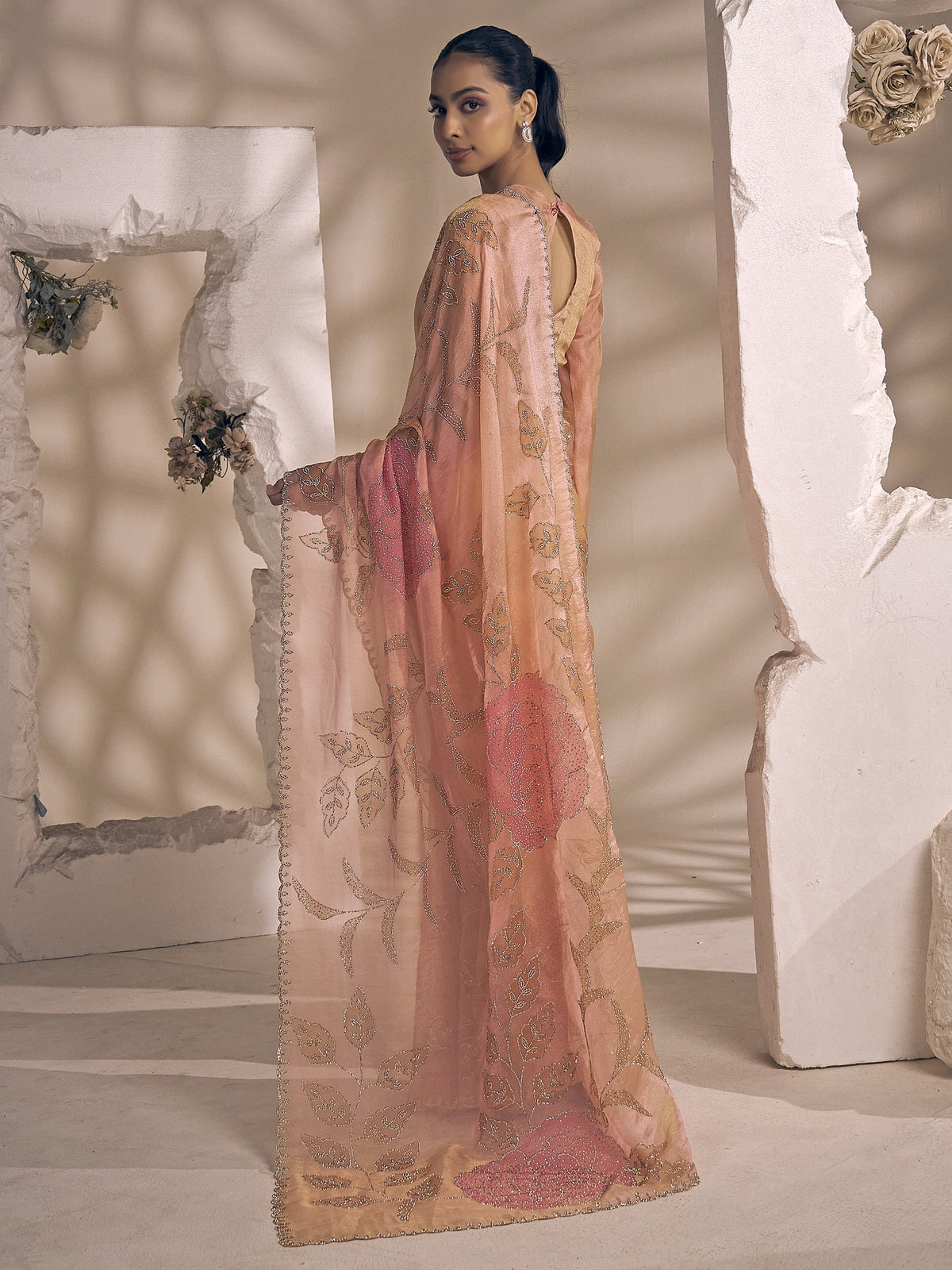 Peach organza saree view 2