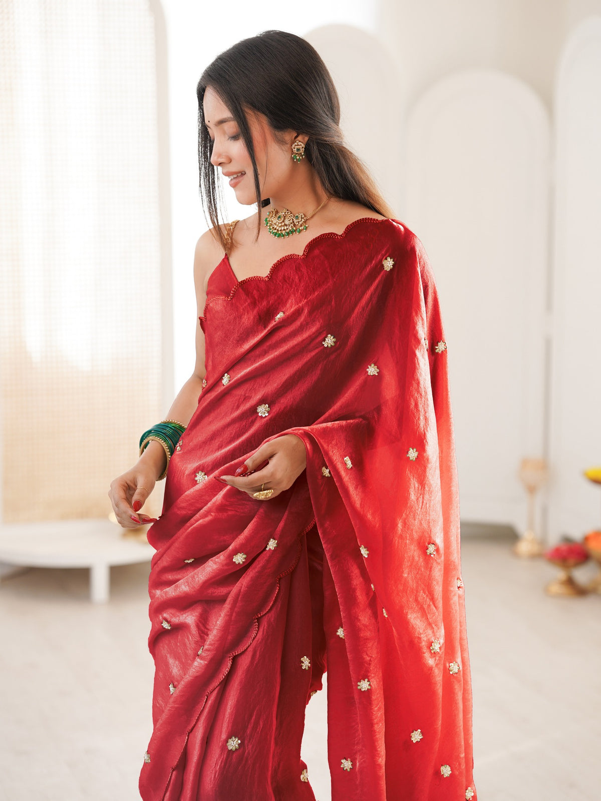 Maroon satin saree view 1