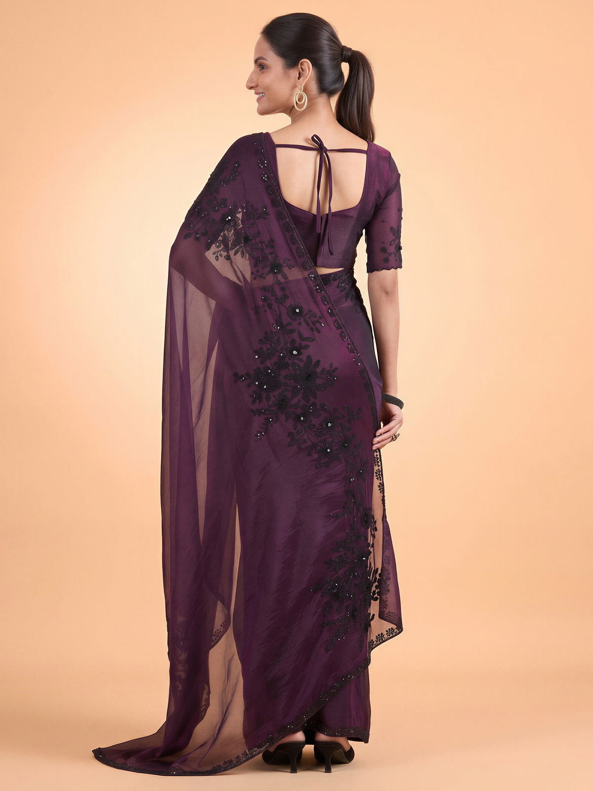 Wine Satin Silk saree – detail view 1