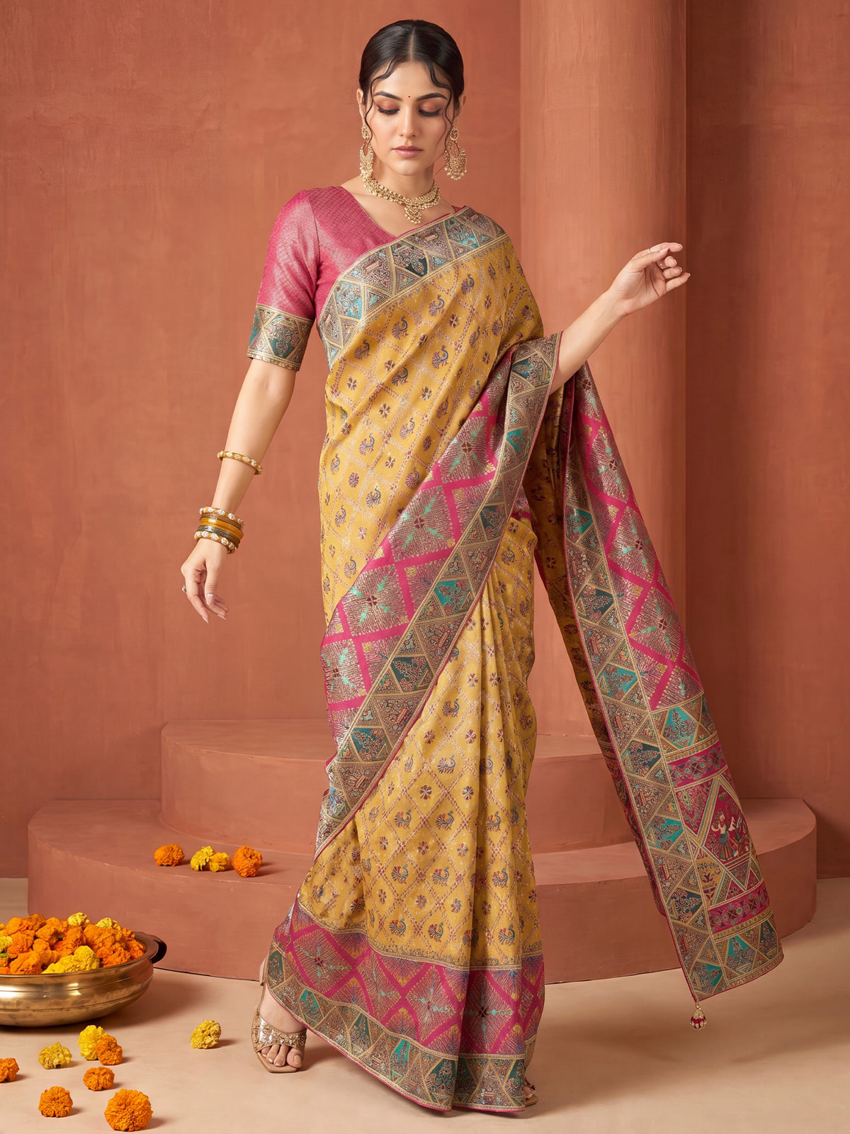 Mustard Viscose Silk saree – detail view 3