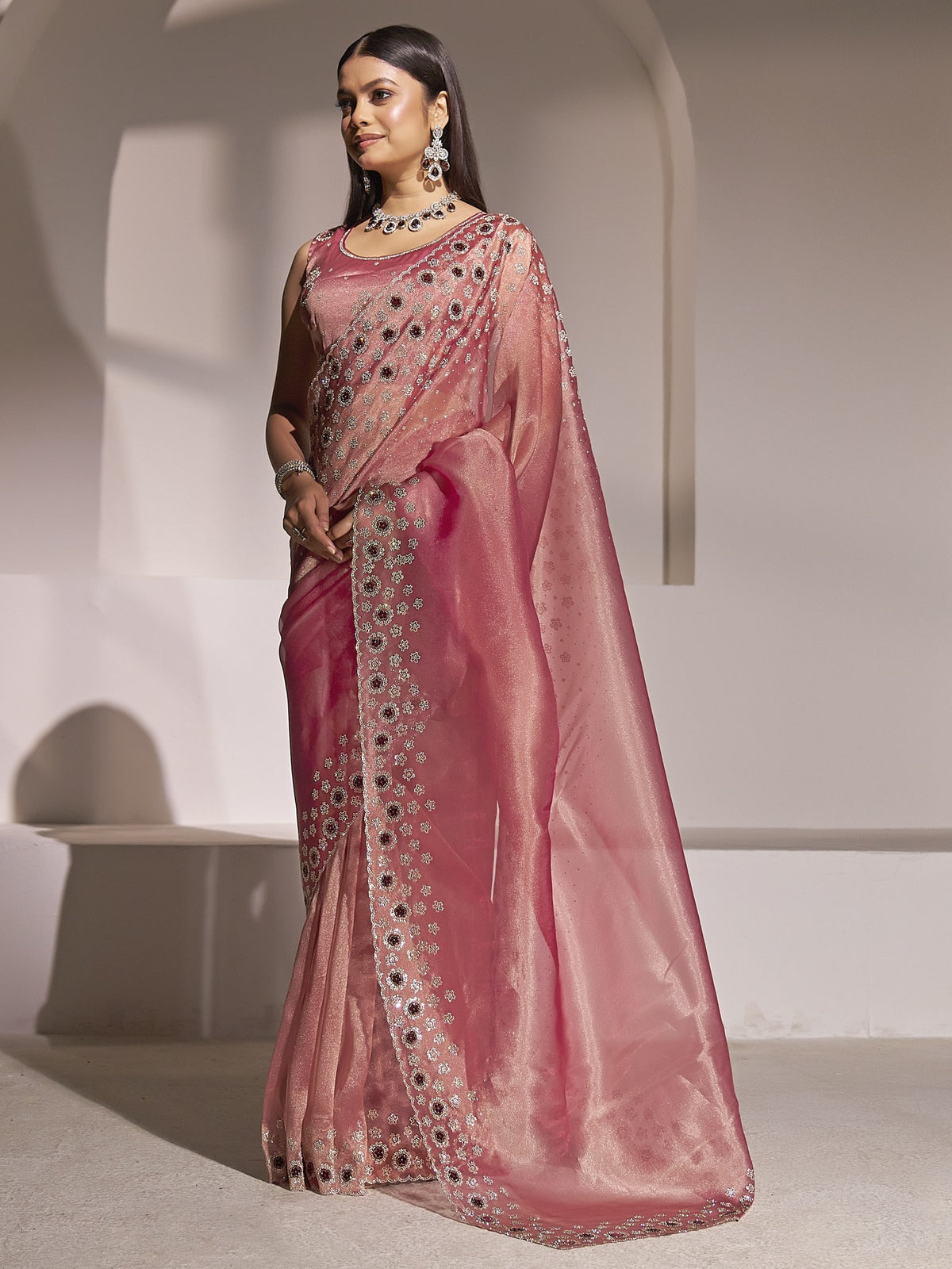 Pink organza saree view 1