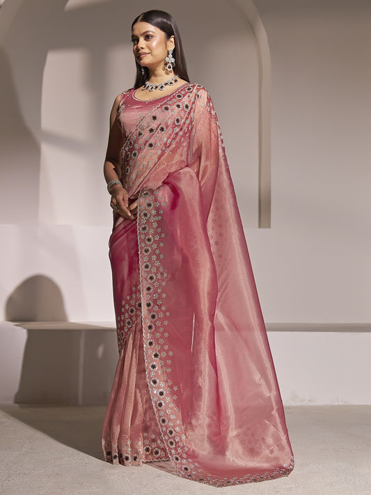 Pink organza saree view 1