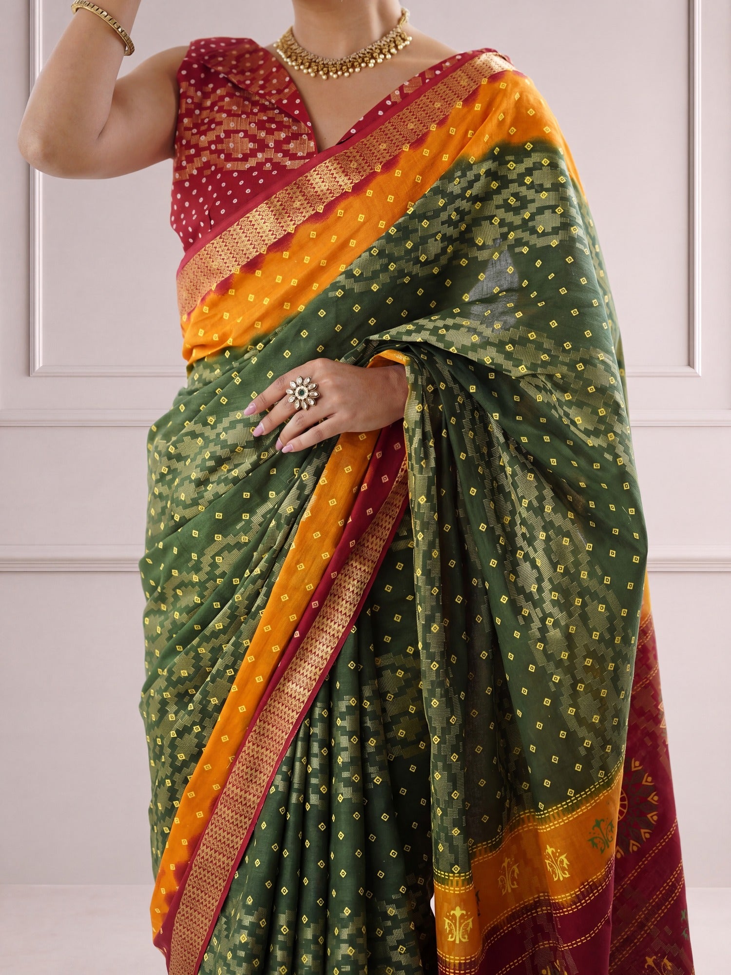 Green Cotton saree – detail view 1