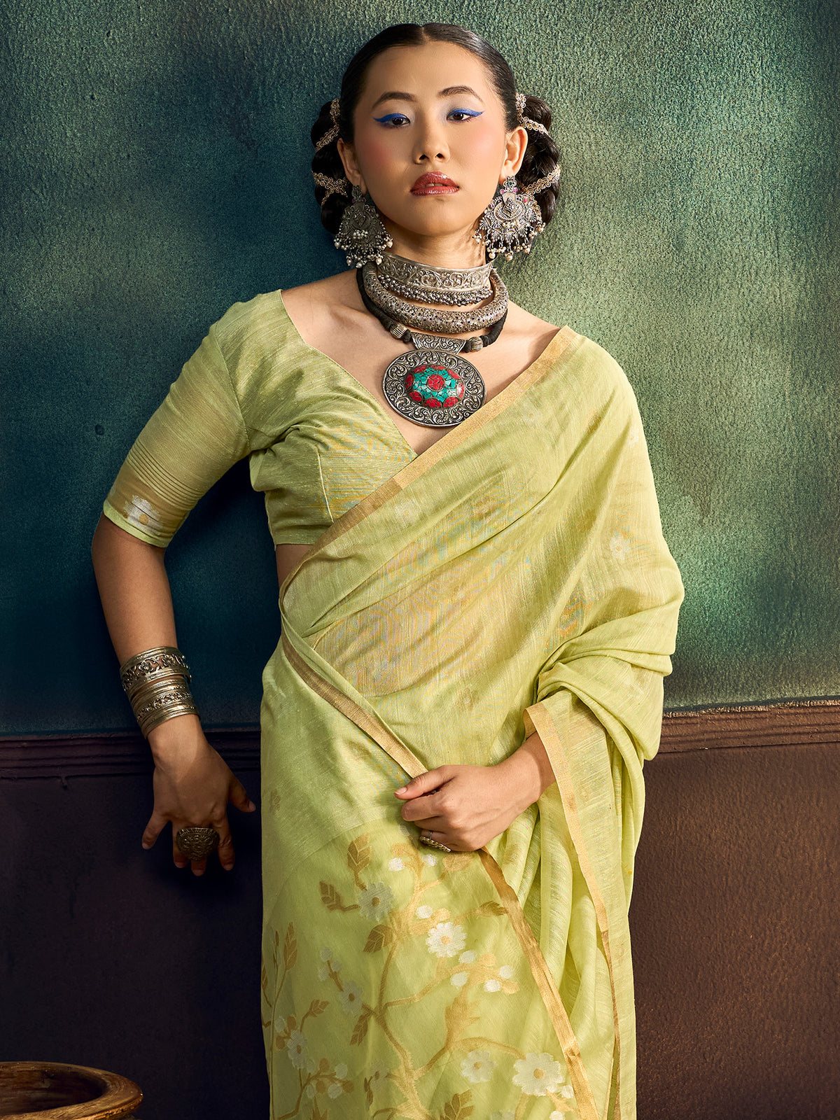 Light Green Muga Cotton saree – detail view 3