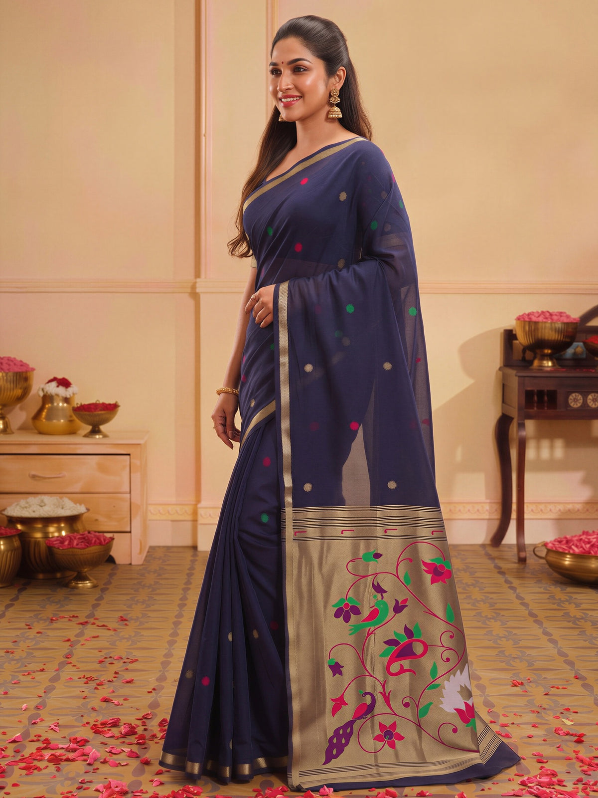 Navy Blue silk blend saree view 2