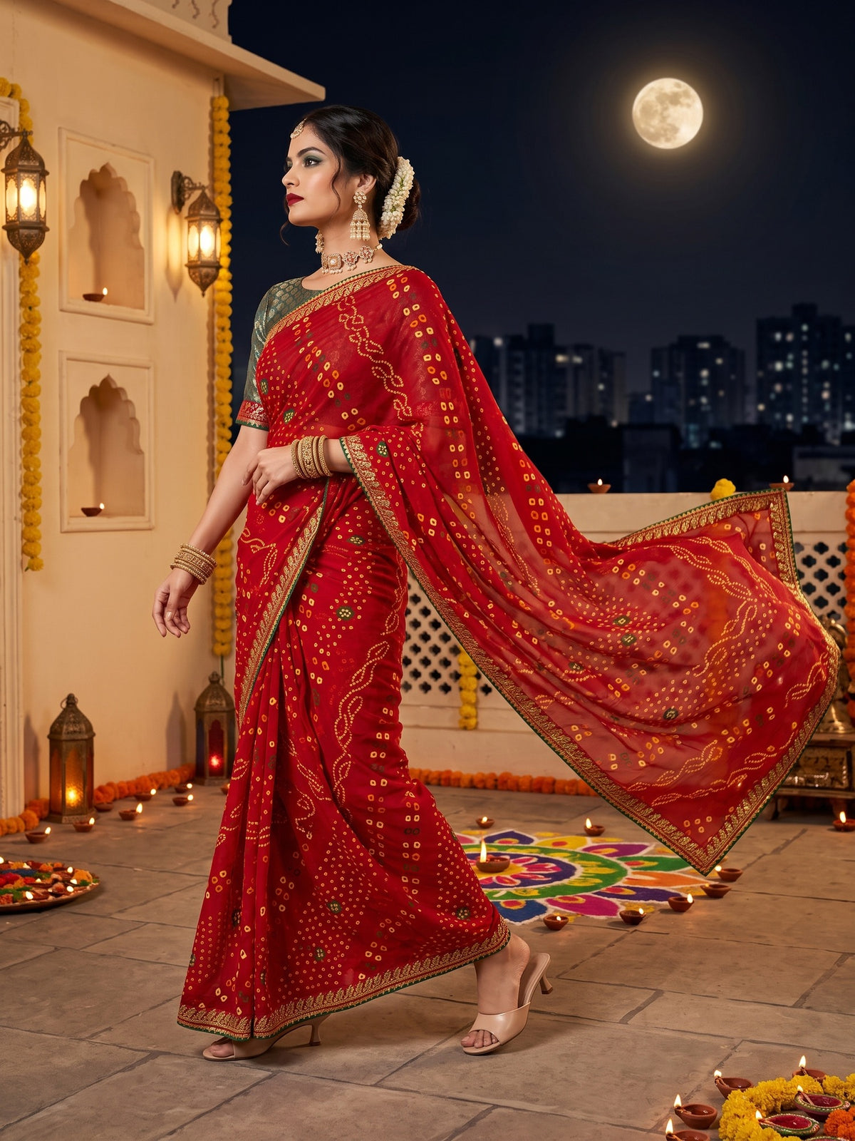 Red Georgette saree – detail view 1