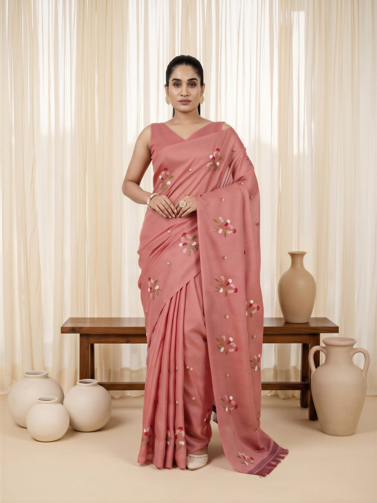 Peach Kota Doria Cotton saree – detail view 4
