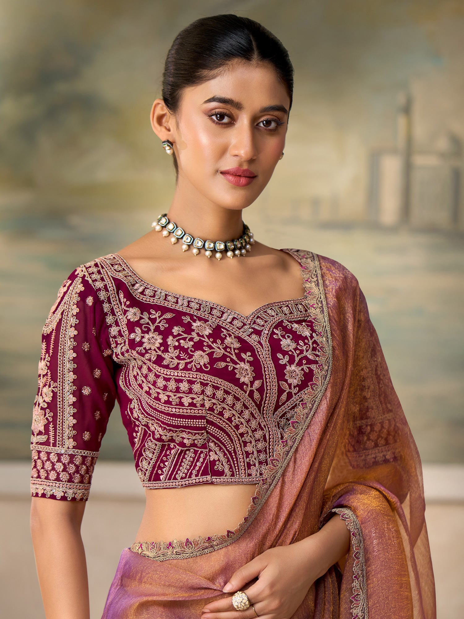 Rose Gold Georgette saree – detail view 1