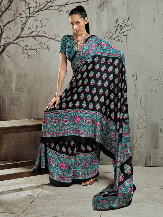 Black ajrak satin saree with turquoise blue blouse piece