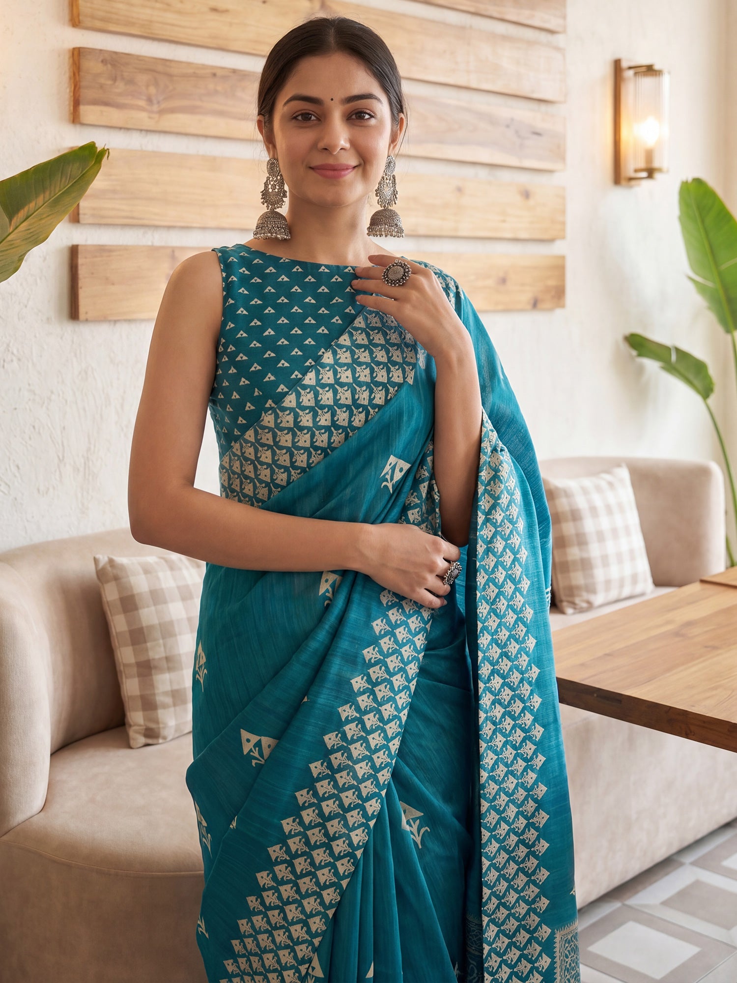 Teal Blue Cotton Blend saree – detail view 4