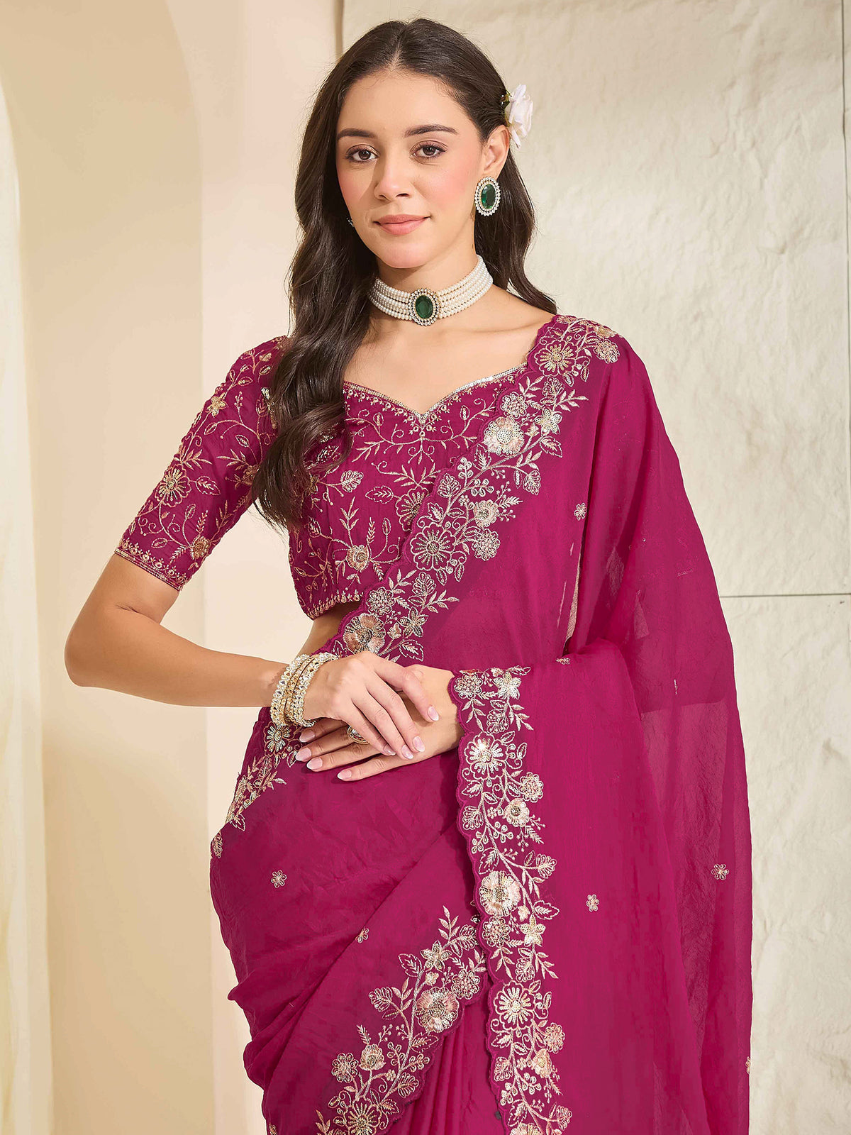 Pink Georgette saree – detail view 4