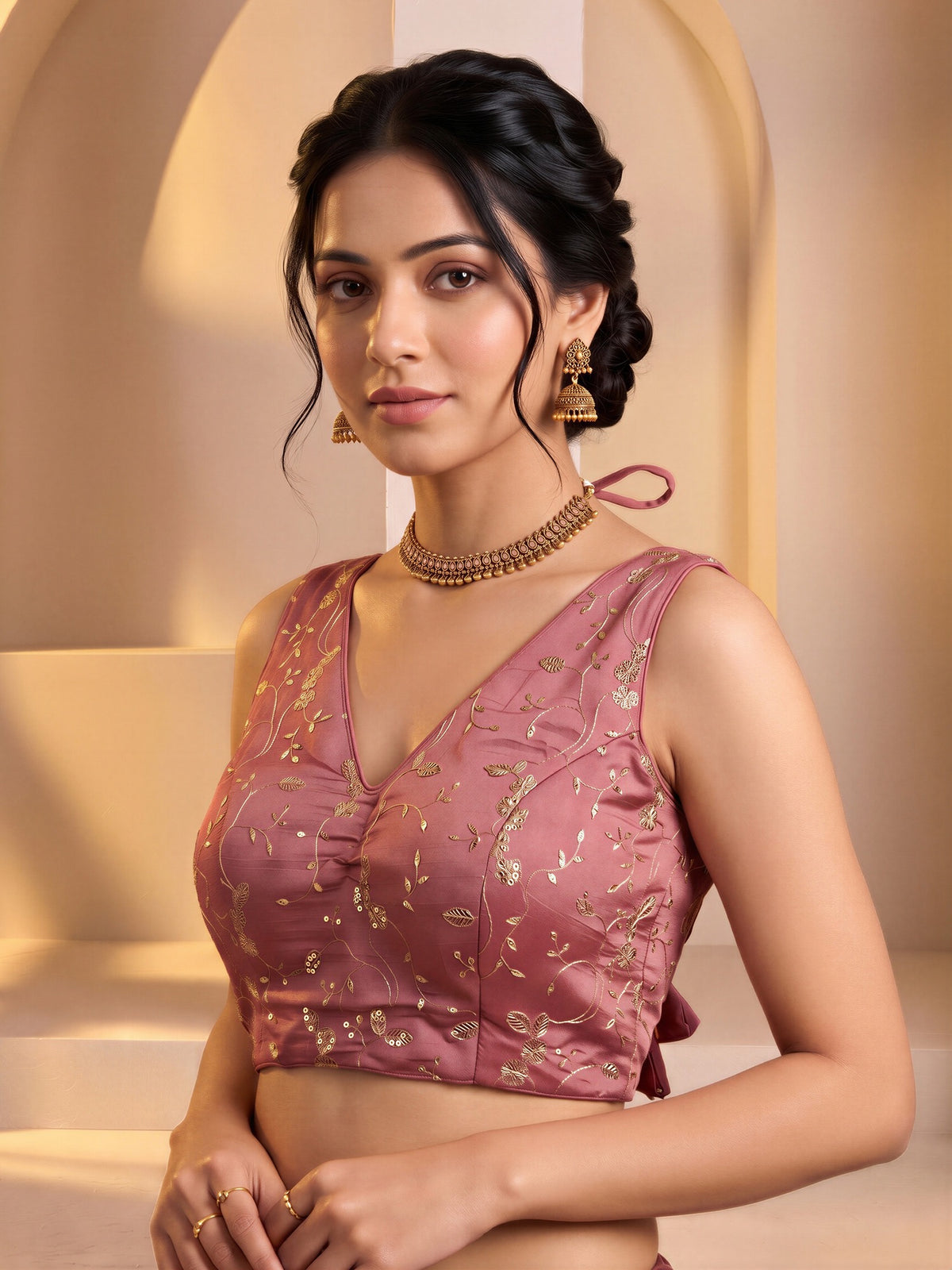Peach sequin embroidered vichitra silk sleeveless readymade saree blouse with v neck view 2