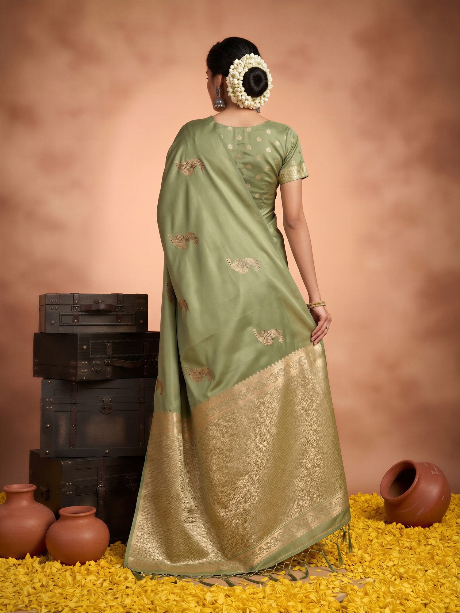 Olive Satin Silk saree – detail view 1