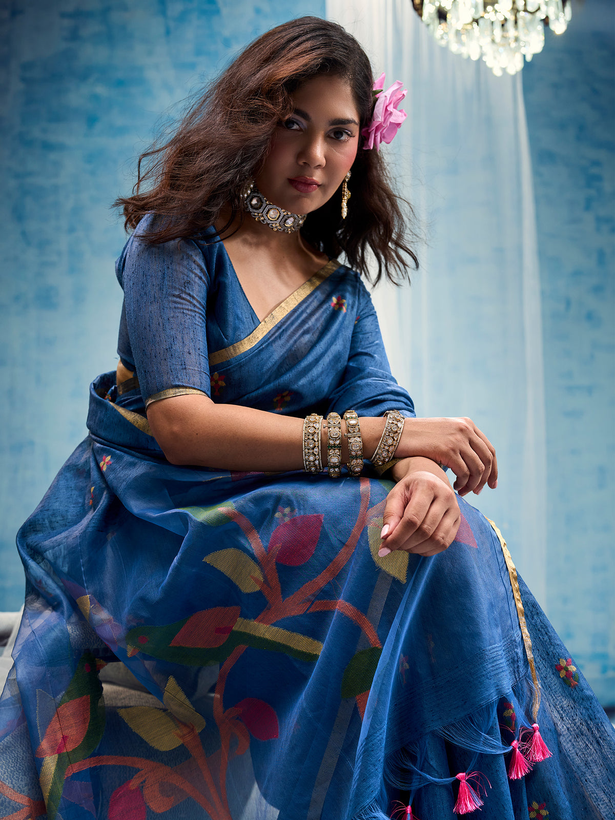 Blue Muga Cotton saree – detail view 3