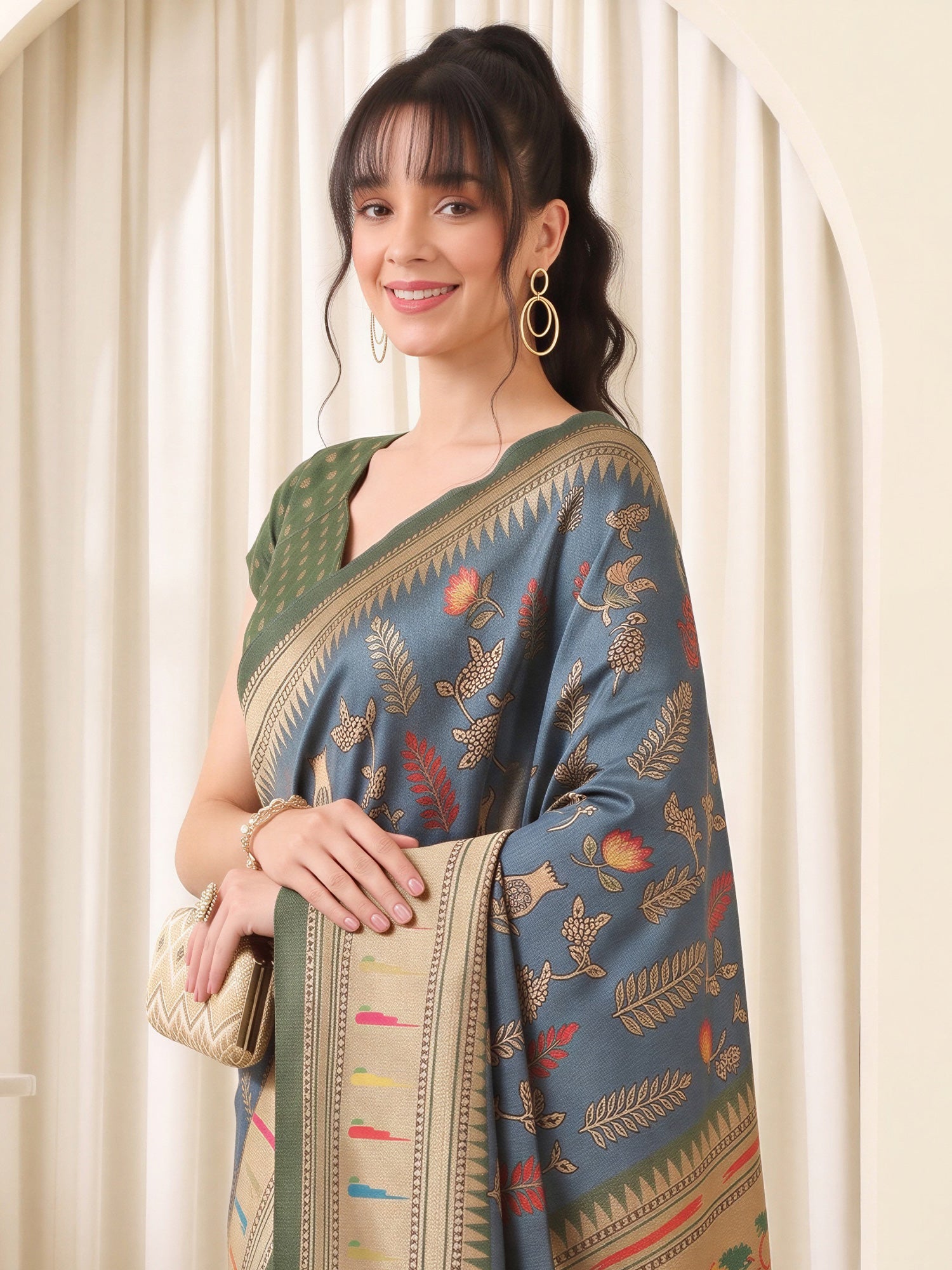 Teal Blue Cotton Blend saree – detail view 3