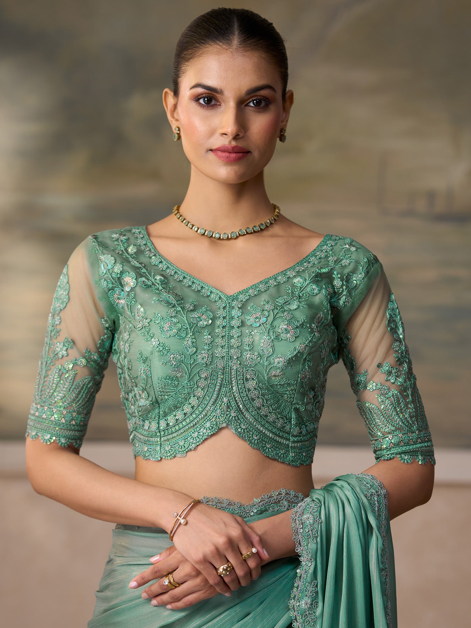 Unstitched light blue tussar silk blouse piece with embellished design