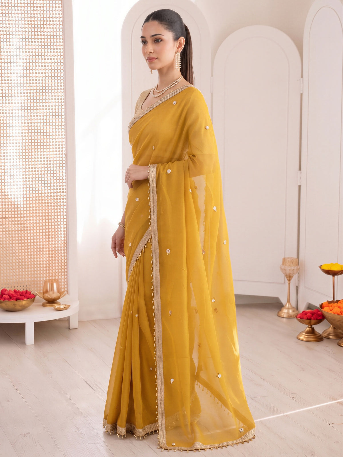 Yellow poly georgette saree view 2