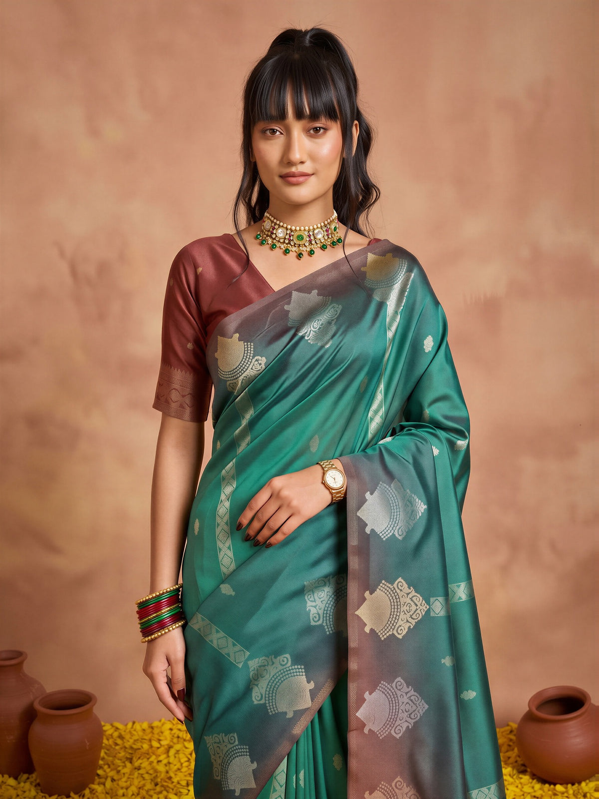 Teal Green Cotton Blend saree – detail view 4