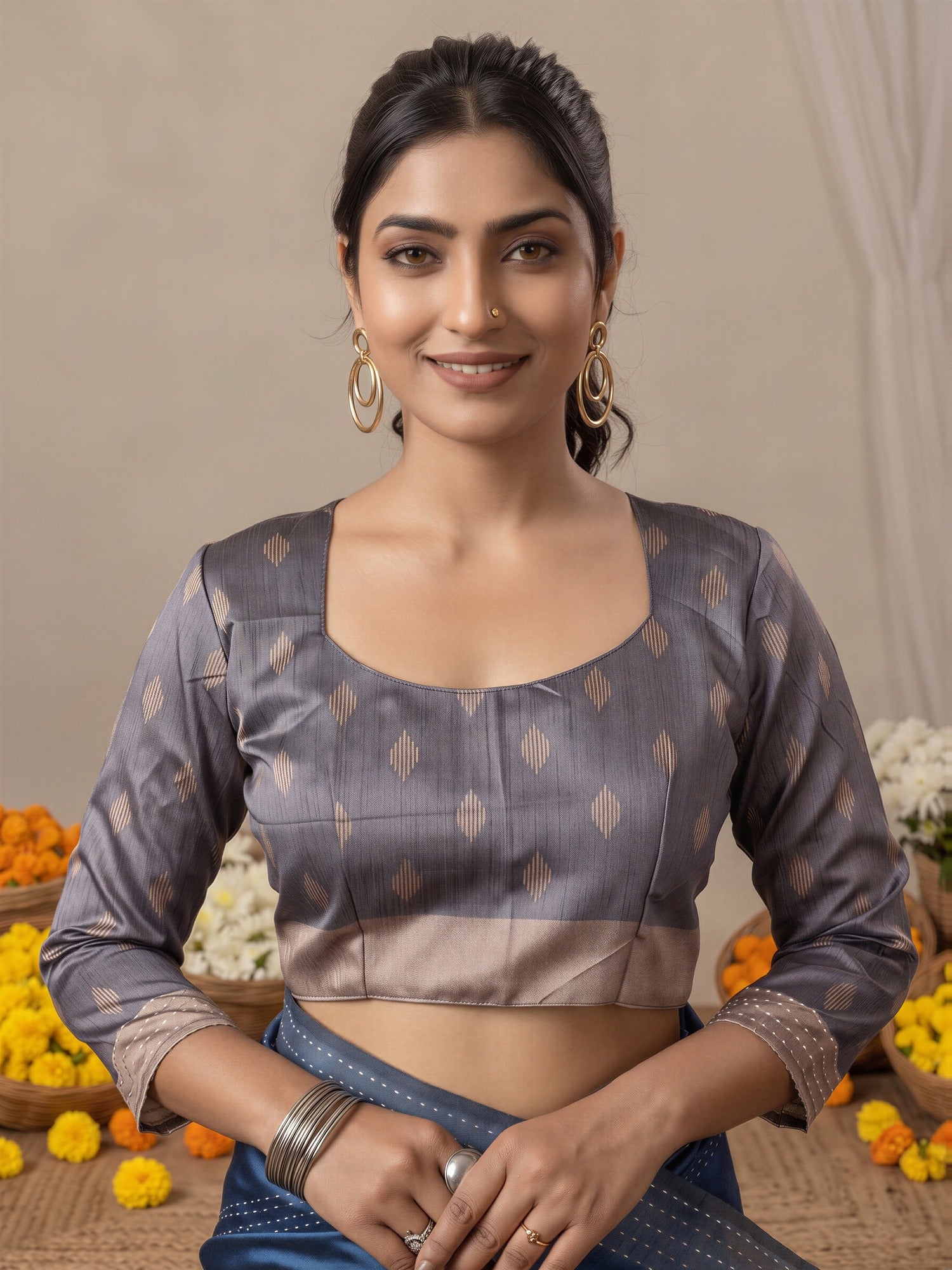 Unstitched grey silk cotton blouse piece with geometric design