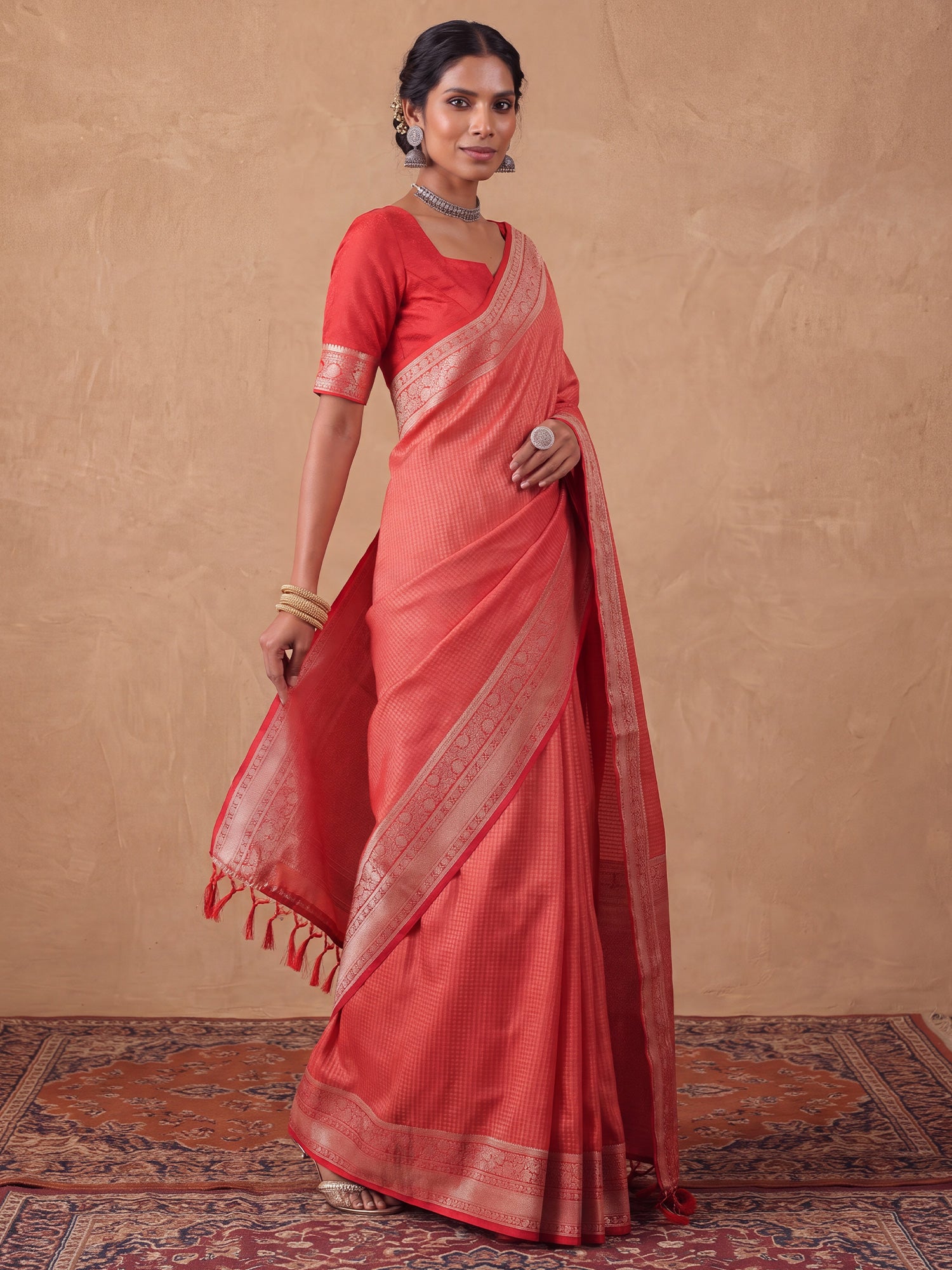 Red Satin Silk saree – detail view 3