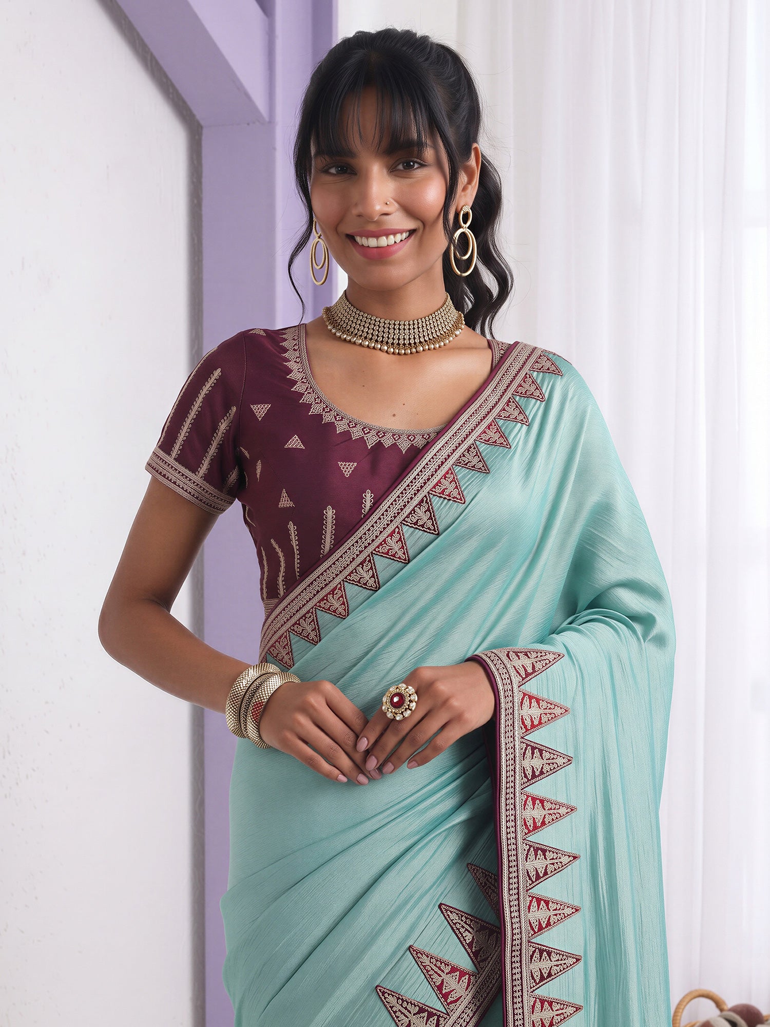 Light Blue Vichitra Silk saree – detail view 4