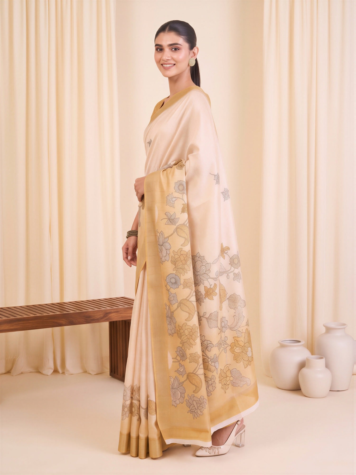 White Satin Silk saree – detail view 2
