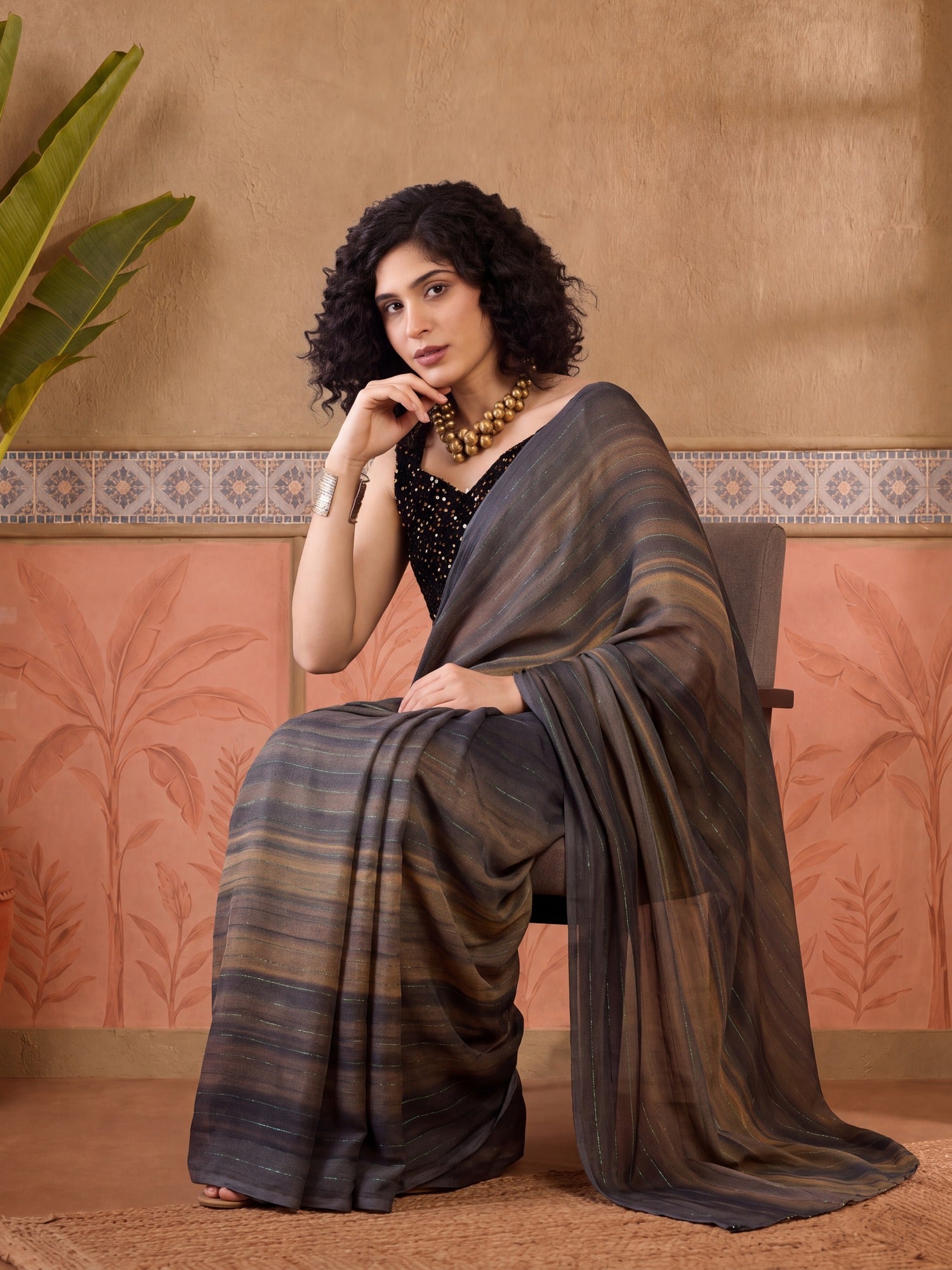 Black Poly Georgette saree – detail view 3