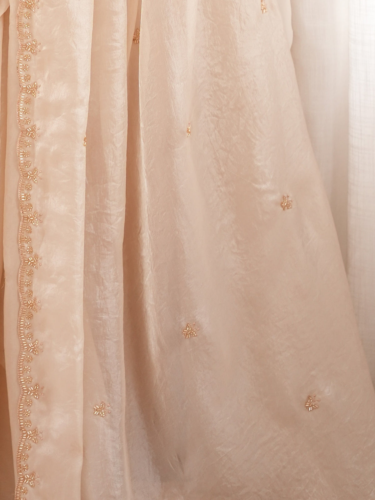Pallu detail of off white satin saree showing ornamented surface design and embellished border