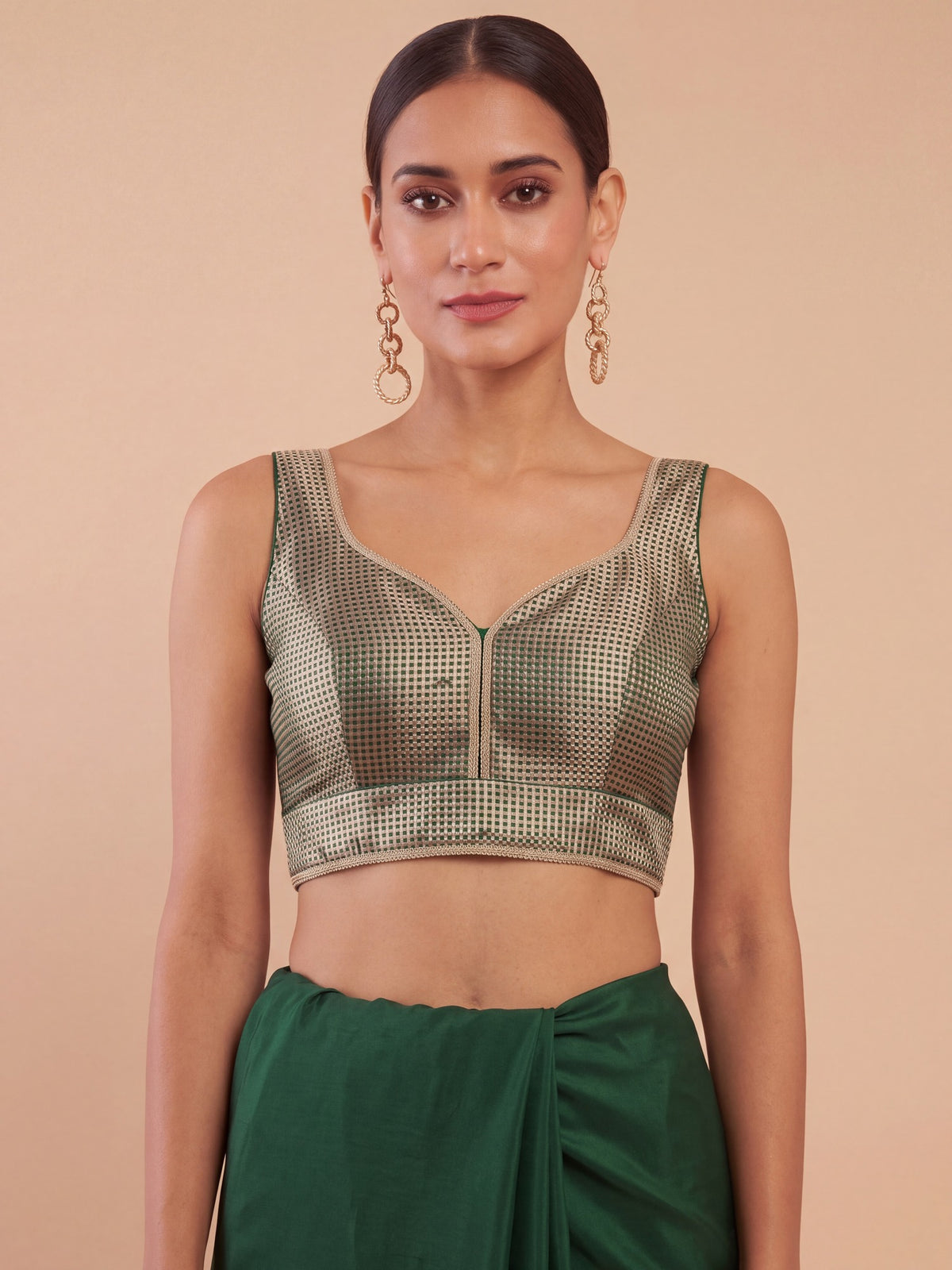 Navy Blue woven metallic jacquard sleeveless readymade saree blouse with sweetheart neck view 3