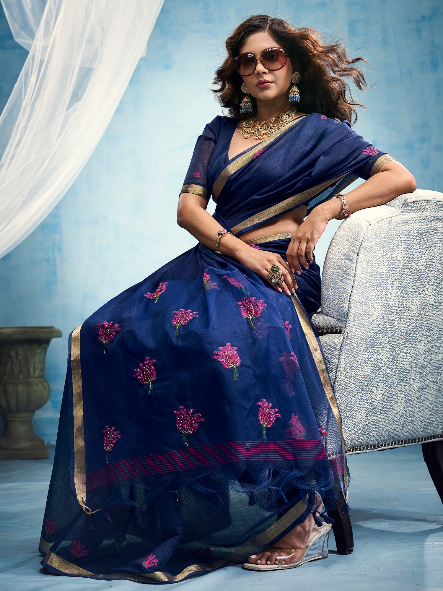 Blue Muga Cotton saree – detail view 2
