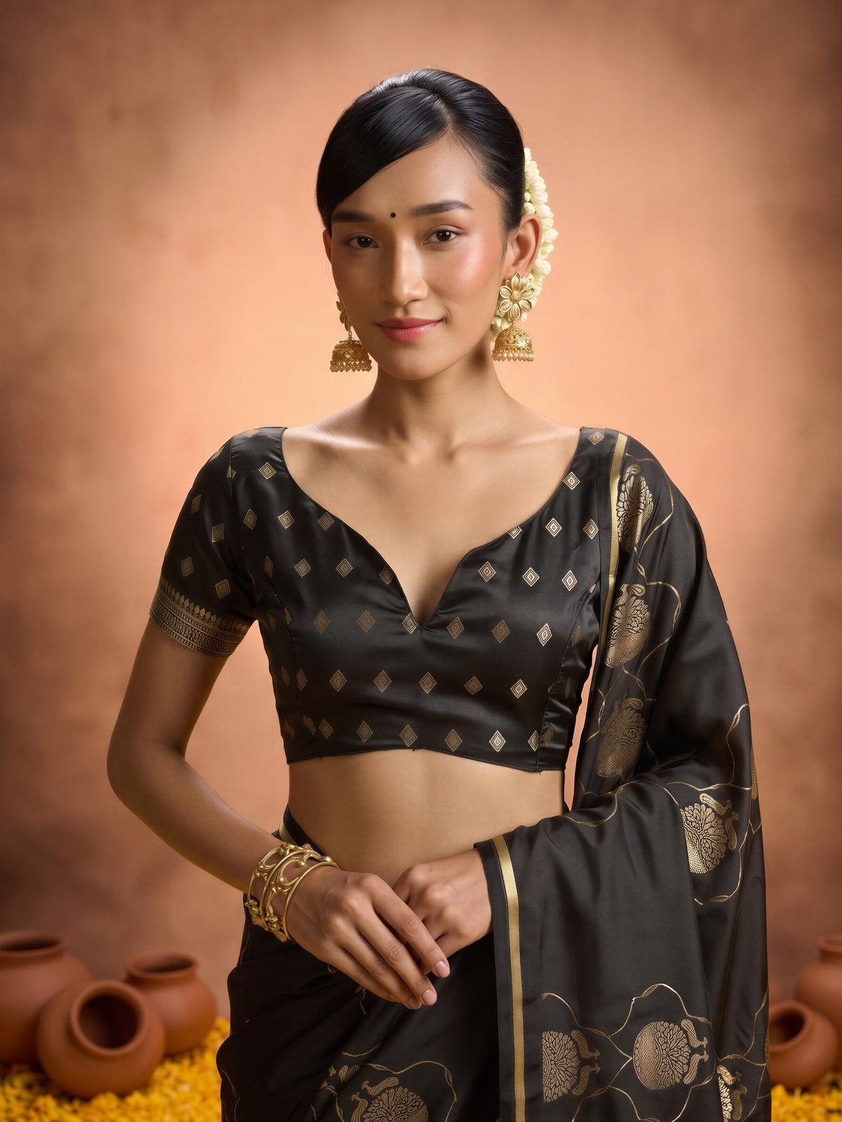 Unstitched black satin blouse piece with woven design design