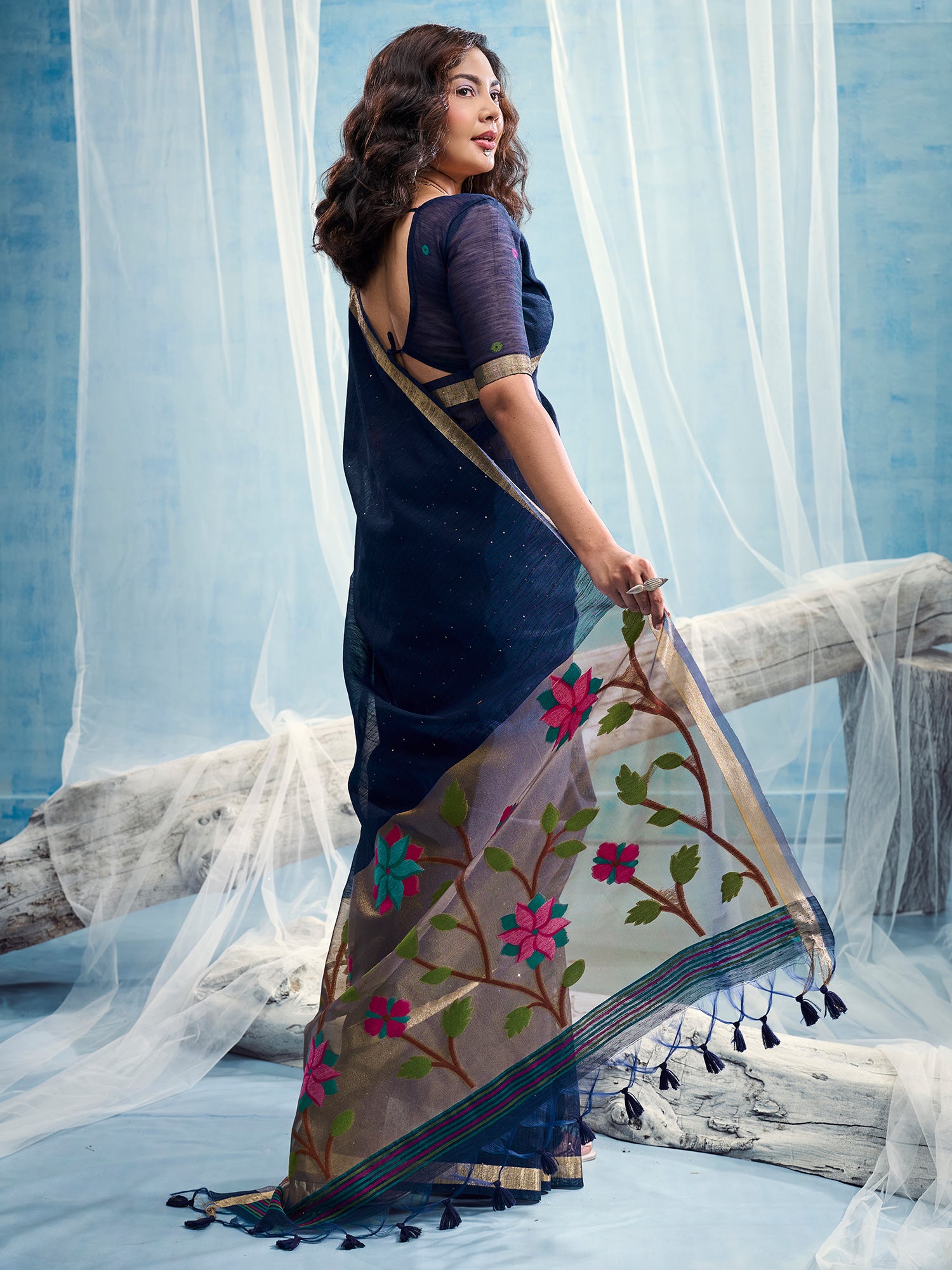 Navy Blue Muga Silk saree – detail view 1