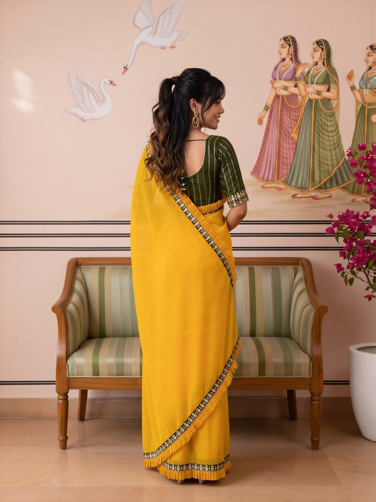 Yellow Georgette saree – detail view 1
