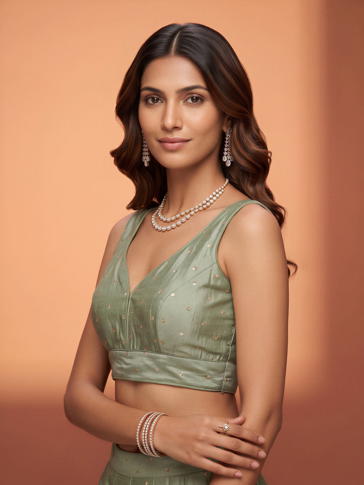 Light Green sequin embellished silk blend sleeveless readymade saree blouse with v neck view 2