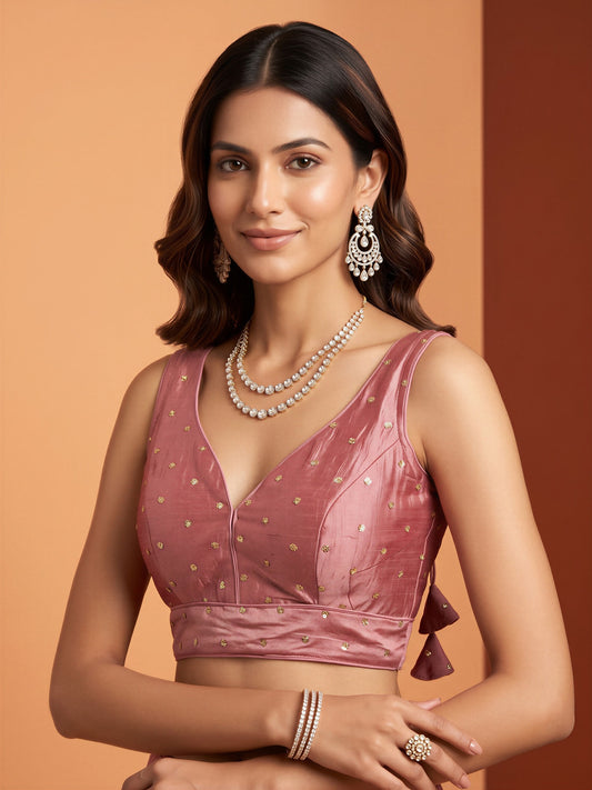 Rose Gold sequin embellished silk blend sleeveless readymade saree blouse with v neck