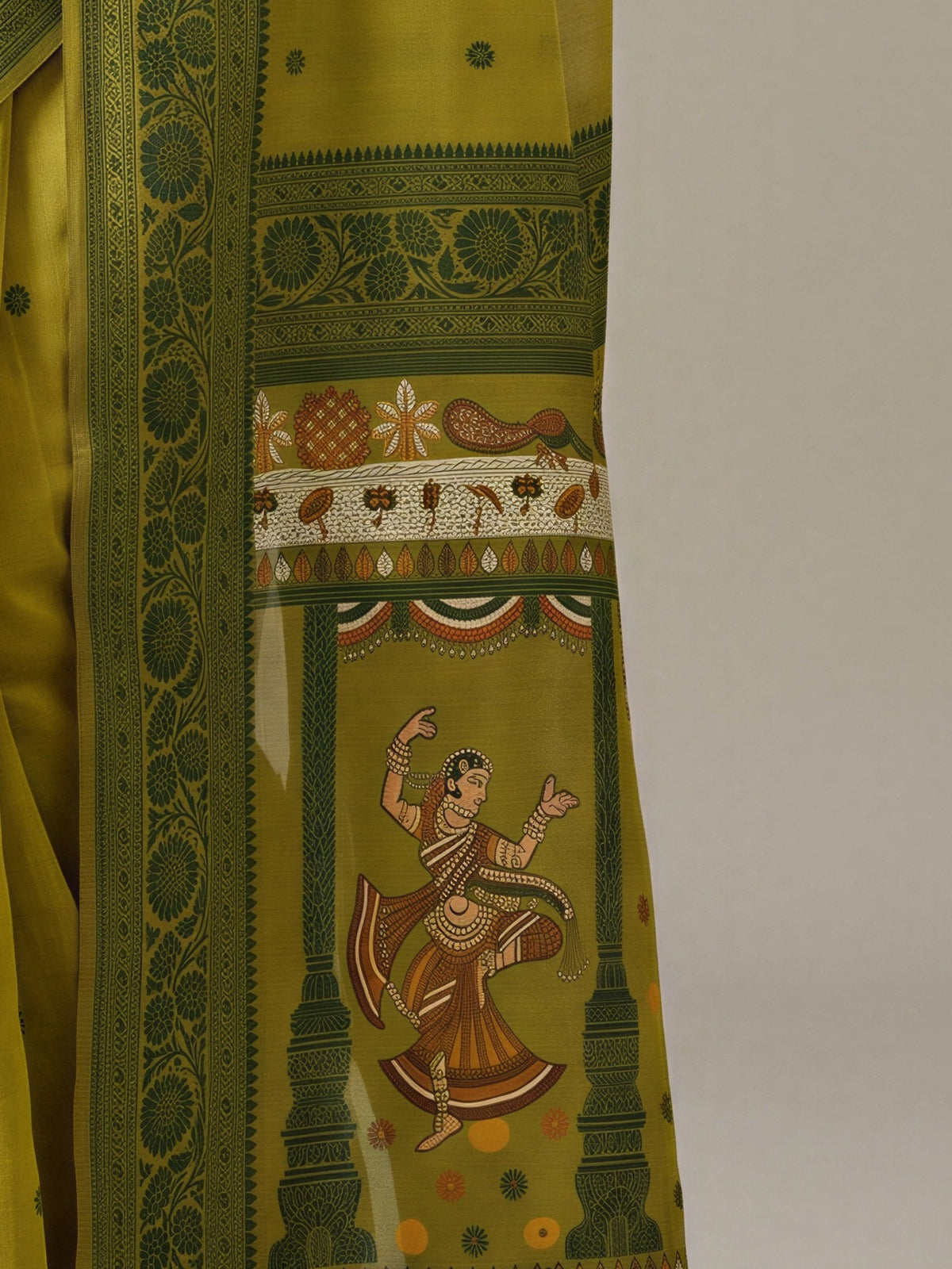 Pallu detail of olive cotton blend saree showing traditional indian motif work and woven design border