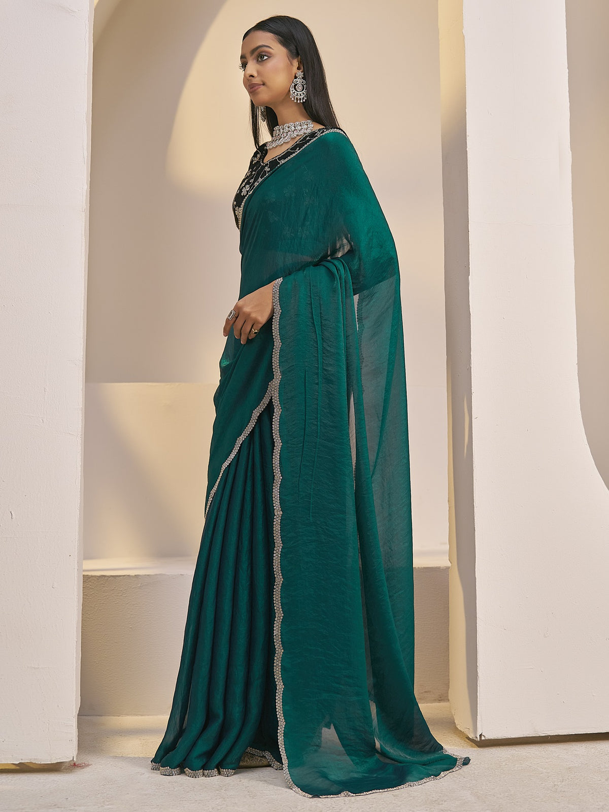 Teal Green satin silk saree view 1