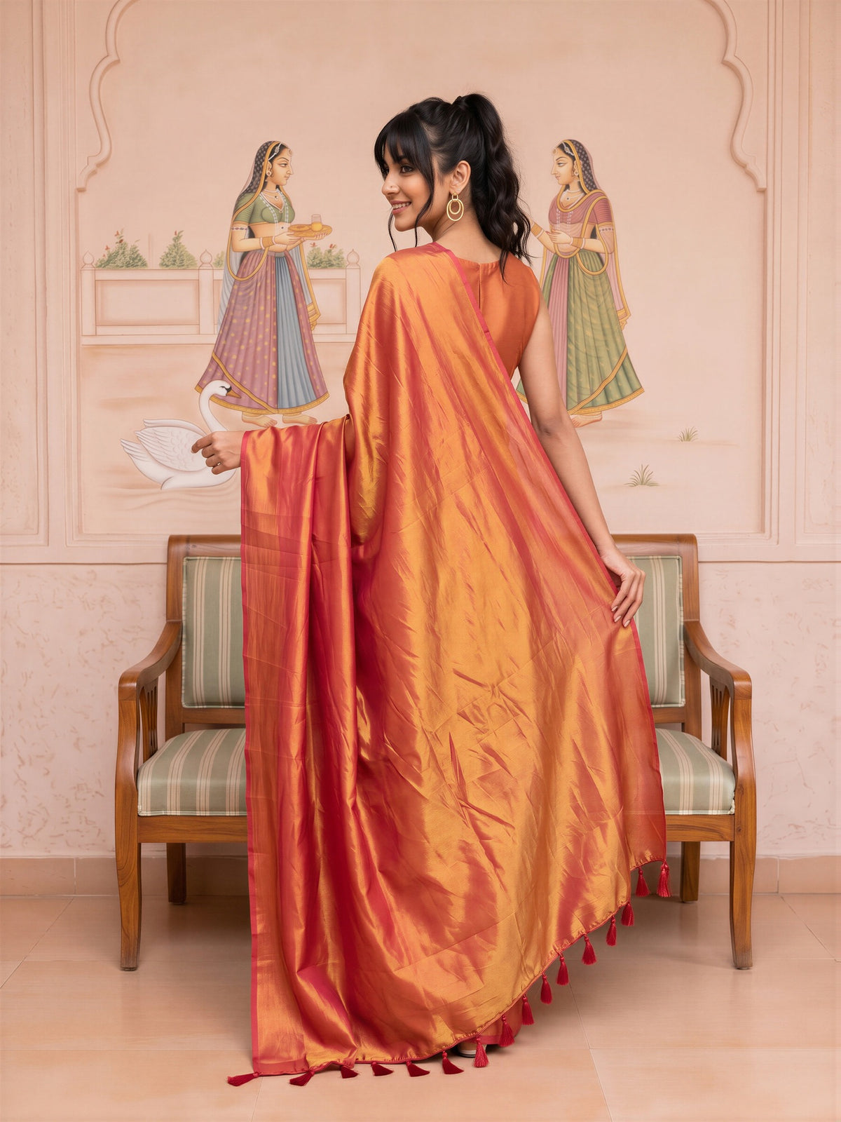 Orange Vichitra Silk saree – detail view 1