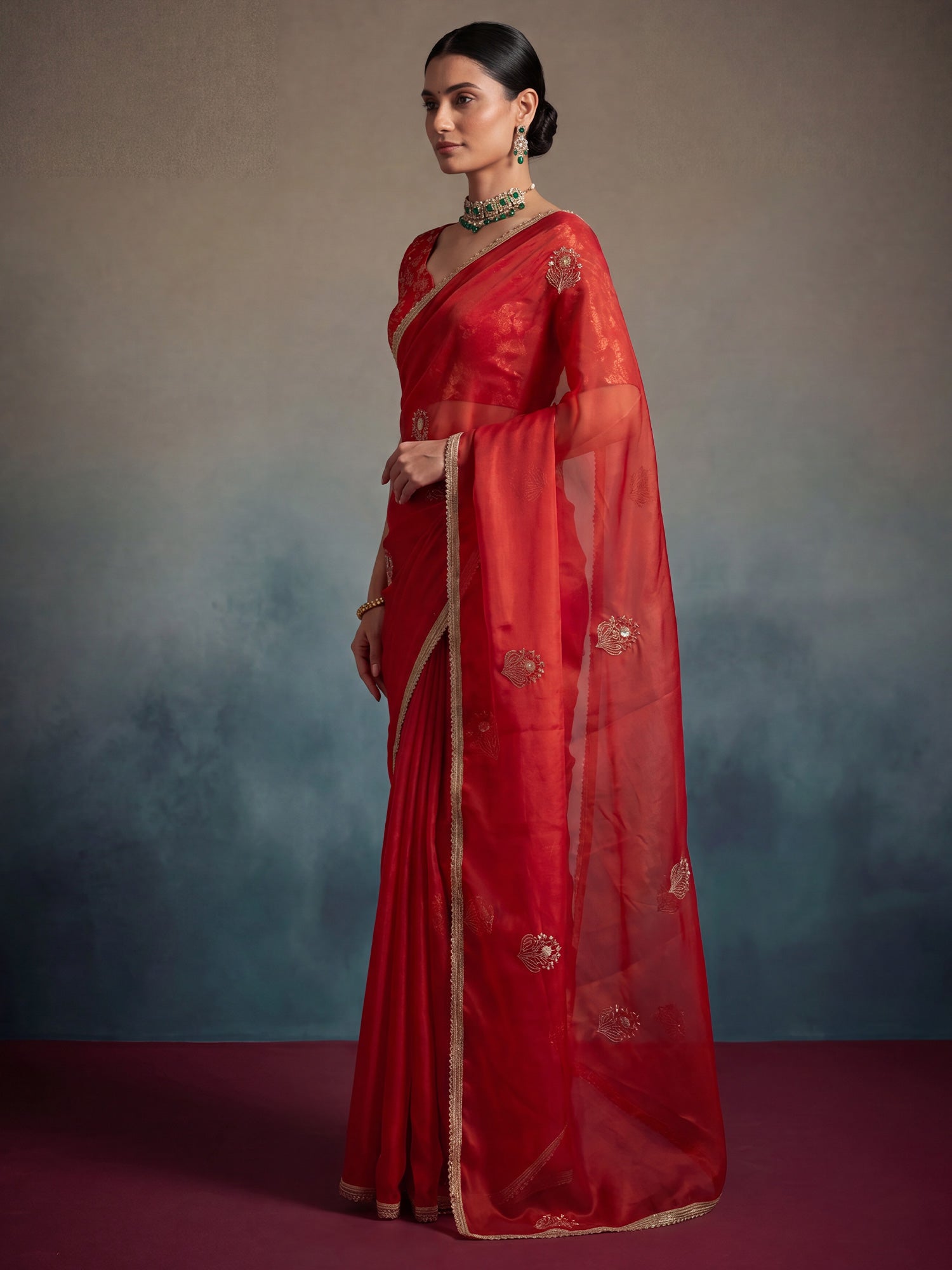 Red Pure Georgette saree – detail view 2