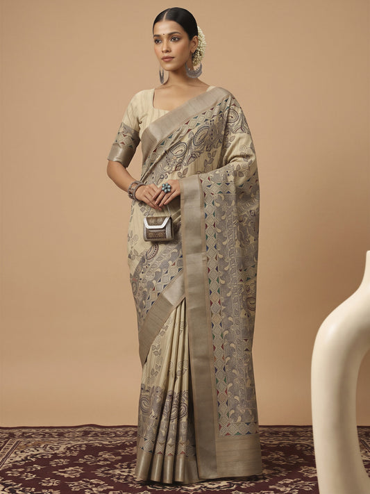 Woman wearing cream satin silk saree with hand block-printed motifs and cream blouse