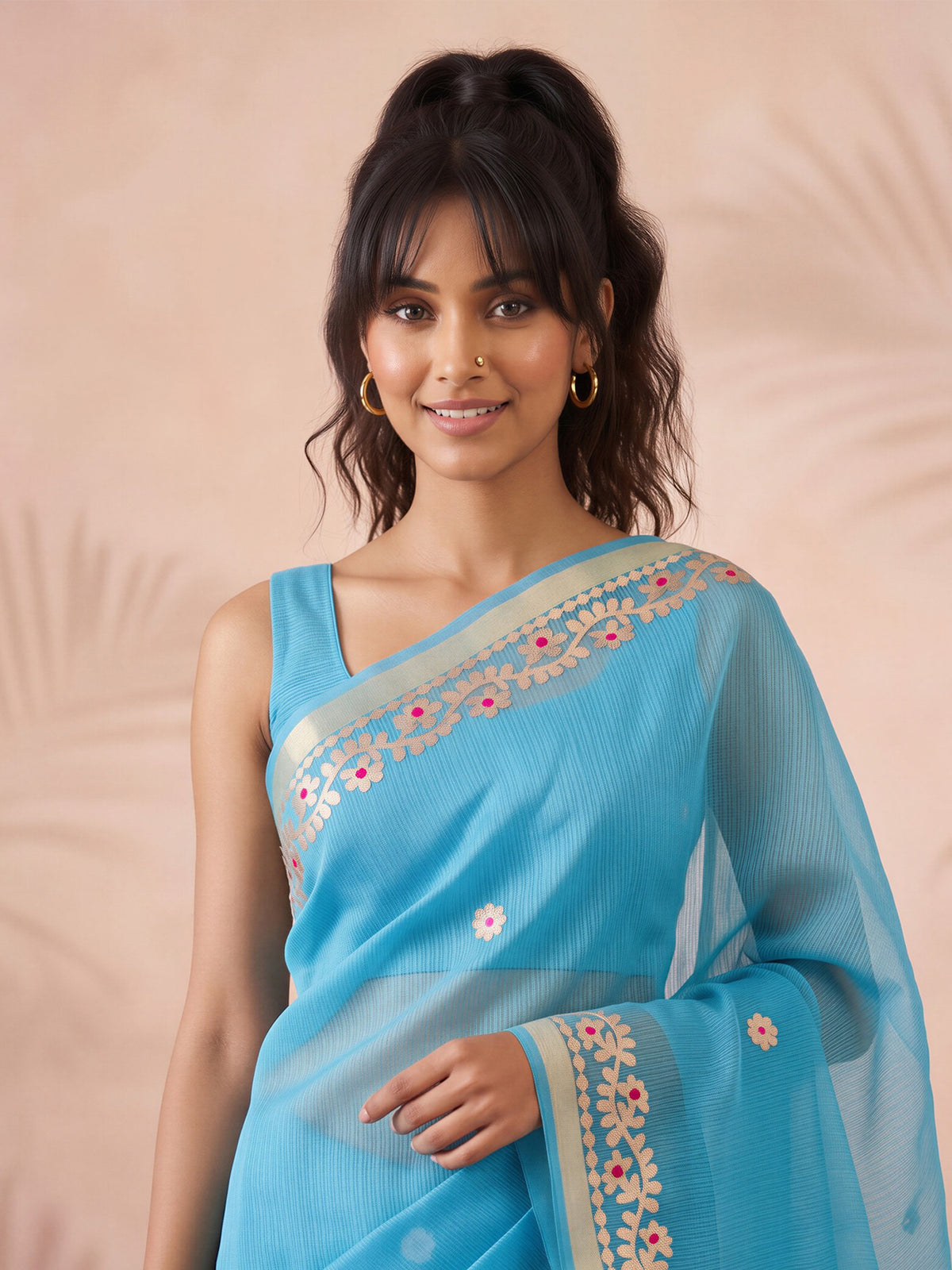 Turquoise Blue Kota Doria Cotton saree – detail view 4