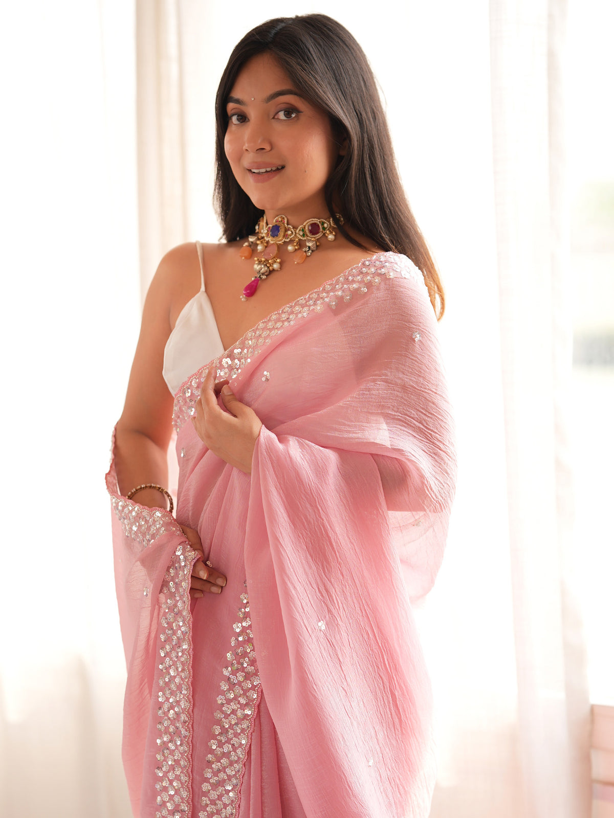 Pink Georgette saree – detail view 3