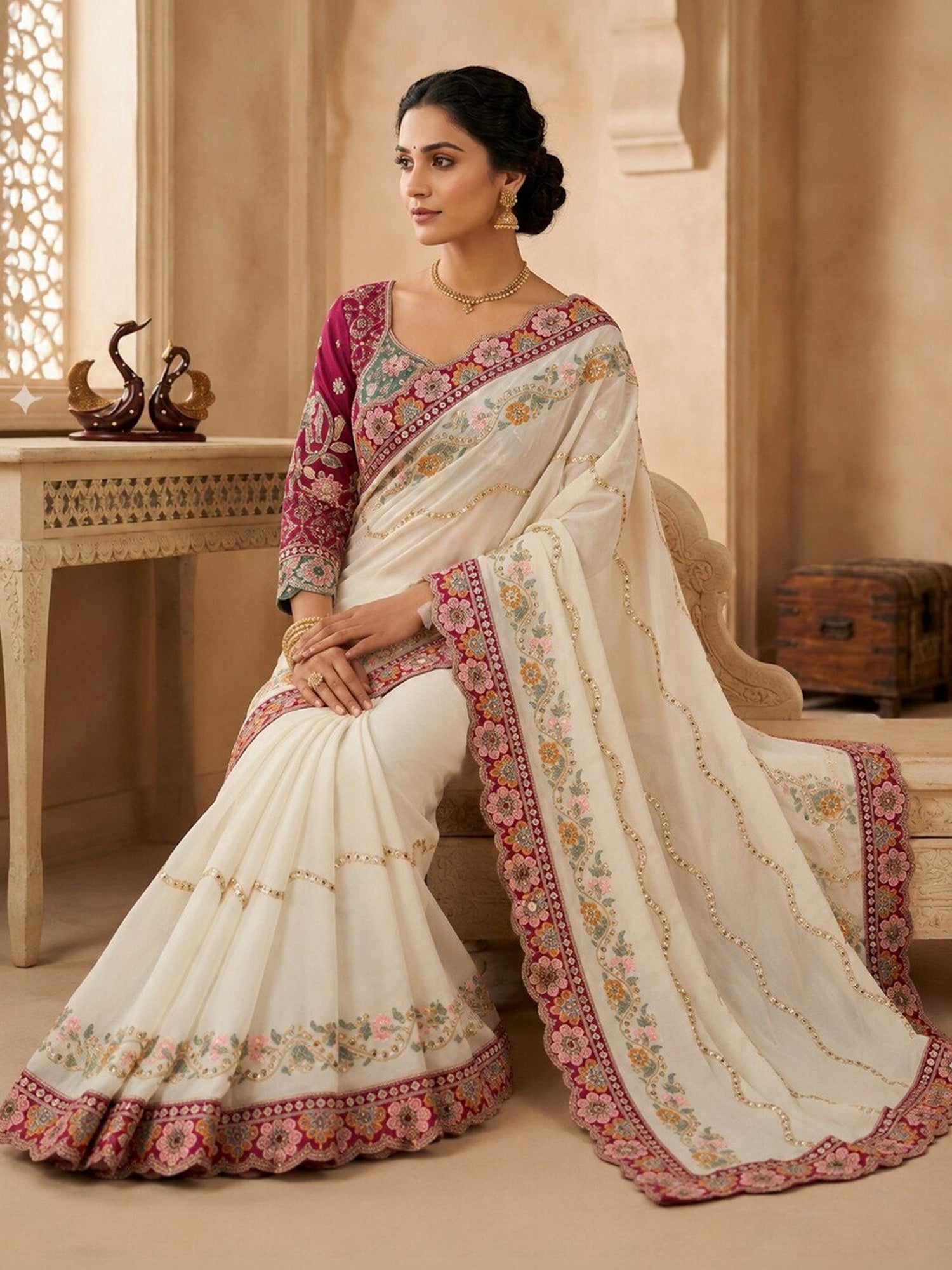 Cream Pure Georgette saree – detail view 2