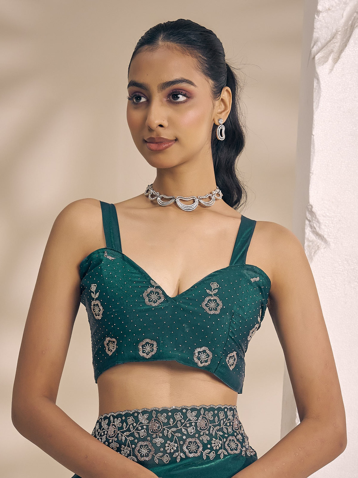 Teal Green satin silk saree view 4
