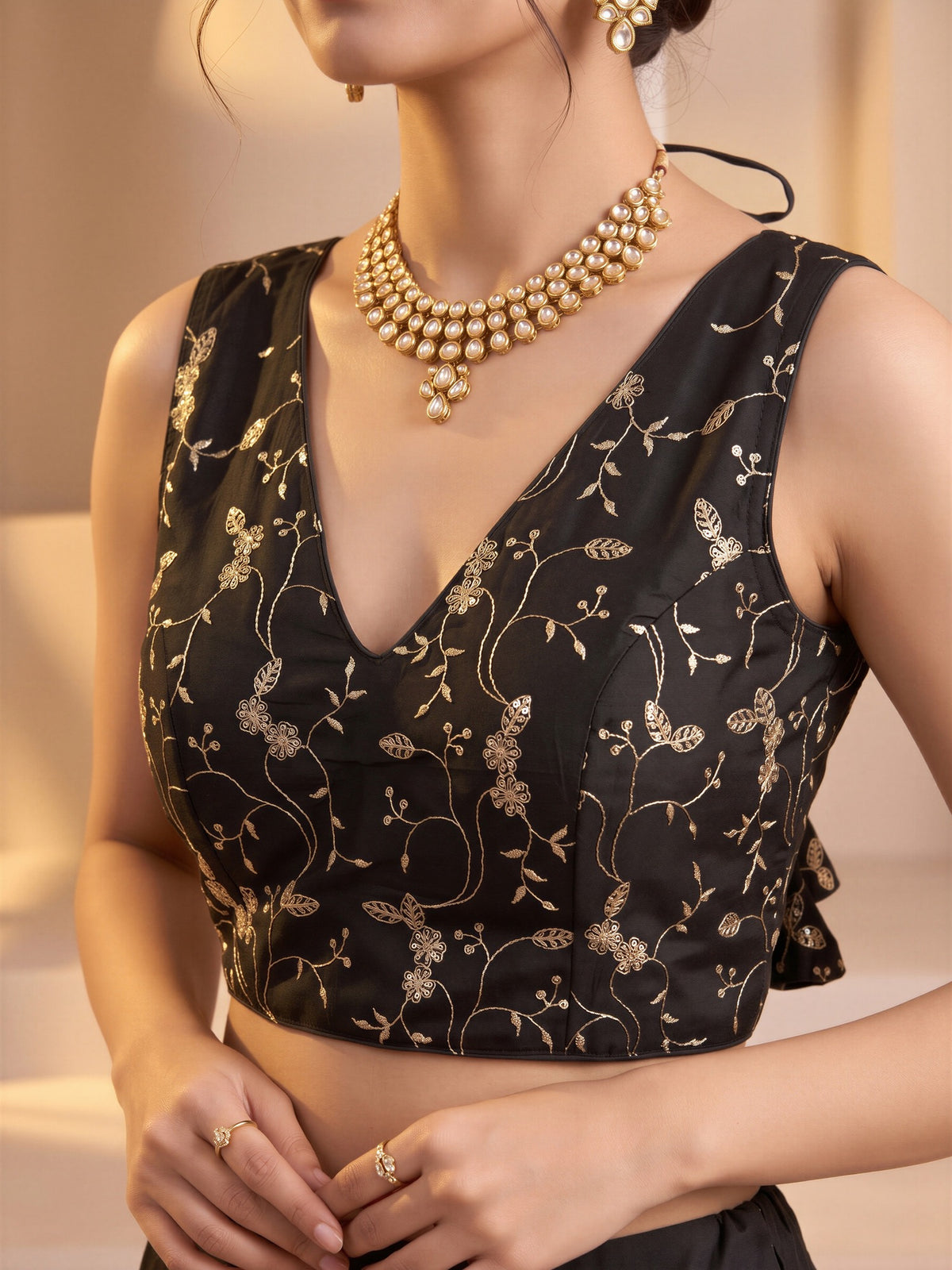 Black sequin embroidered vichitra silk sleeveless readymade saree blouse with v neck view 3