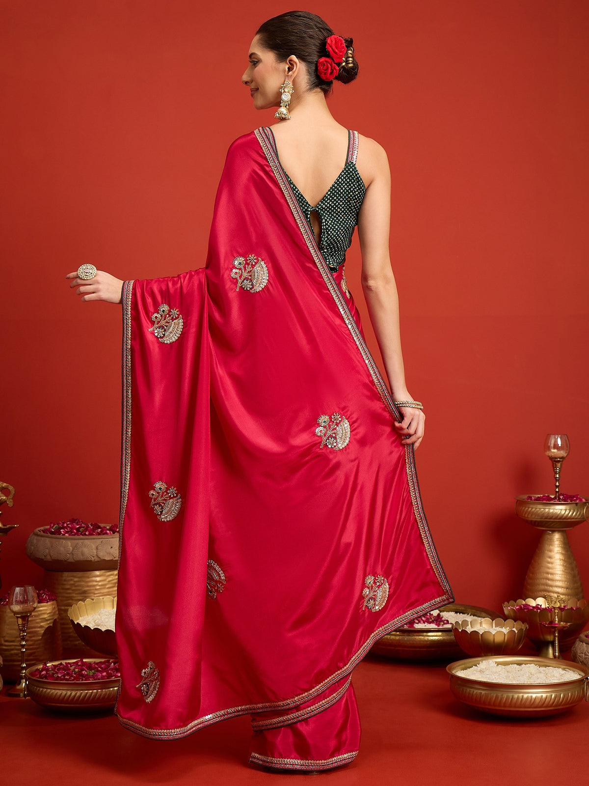 Pink satin silk saree view 6